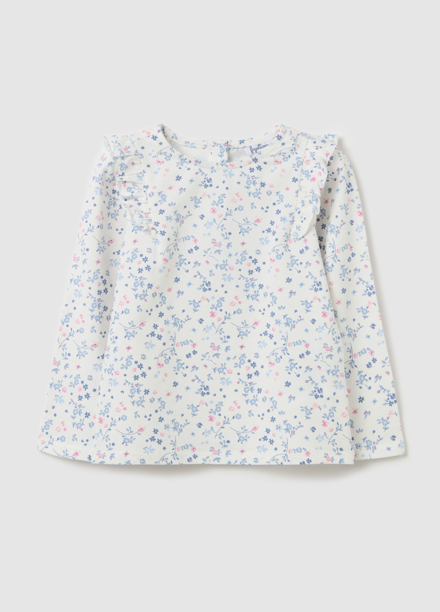 Long-sleeved floral T-shirt with ruffles