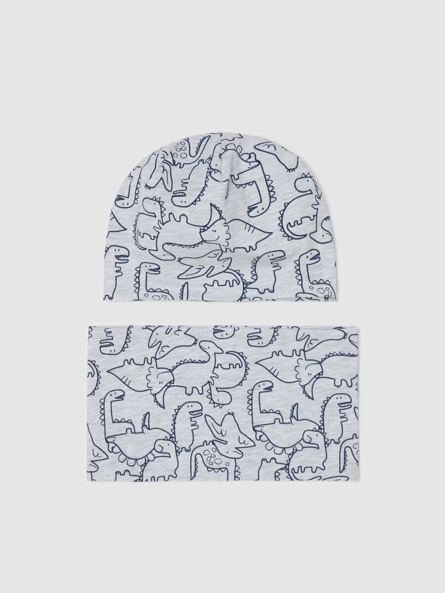Hat and neck warmer set with dinosaurs print_0