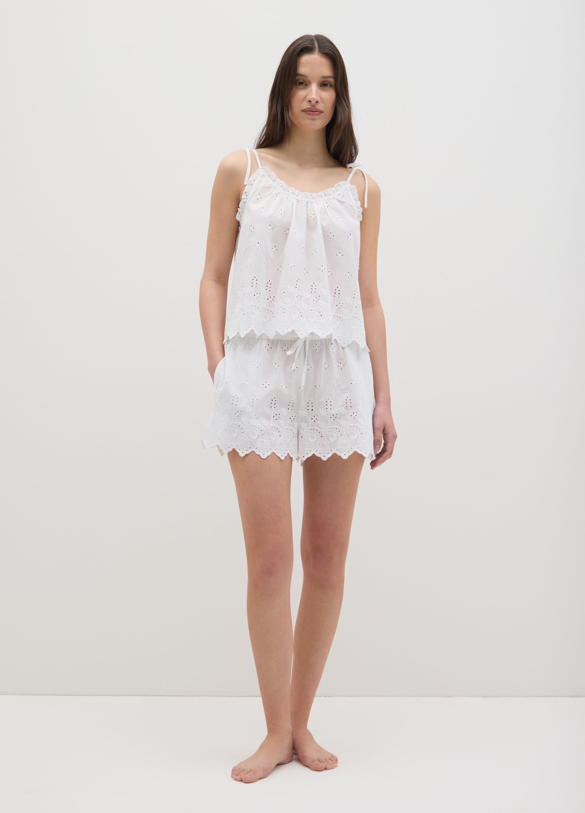 Women's white pure cotton regular fit top and shorts set
