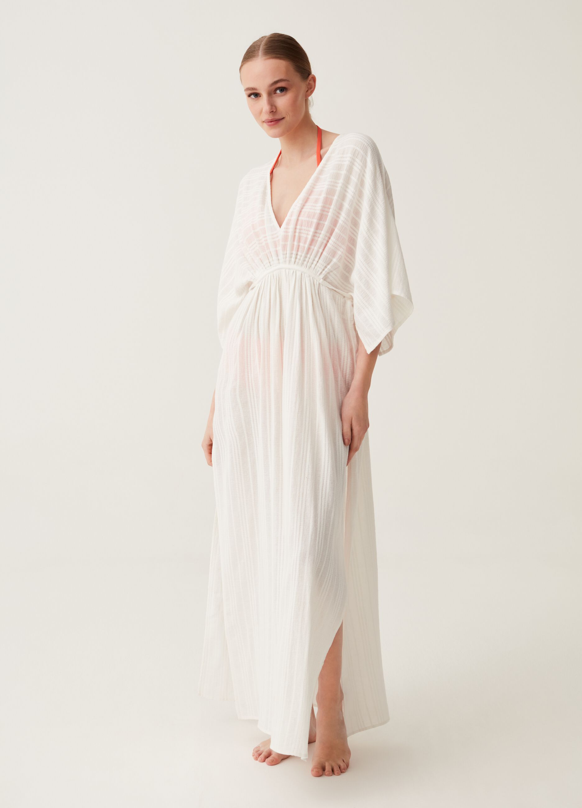 Copri costume lungo in cotone rigato_0