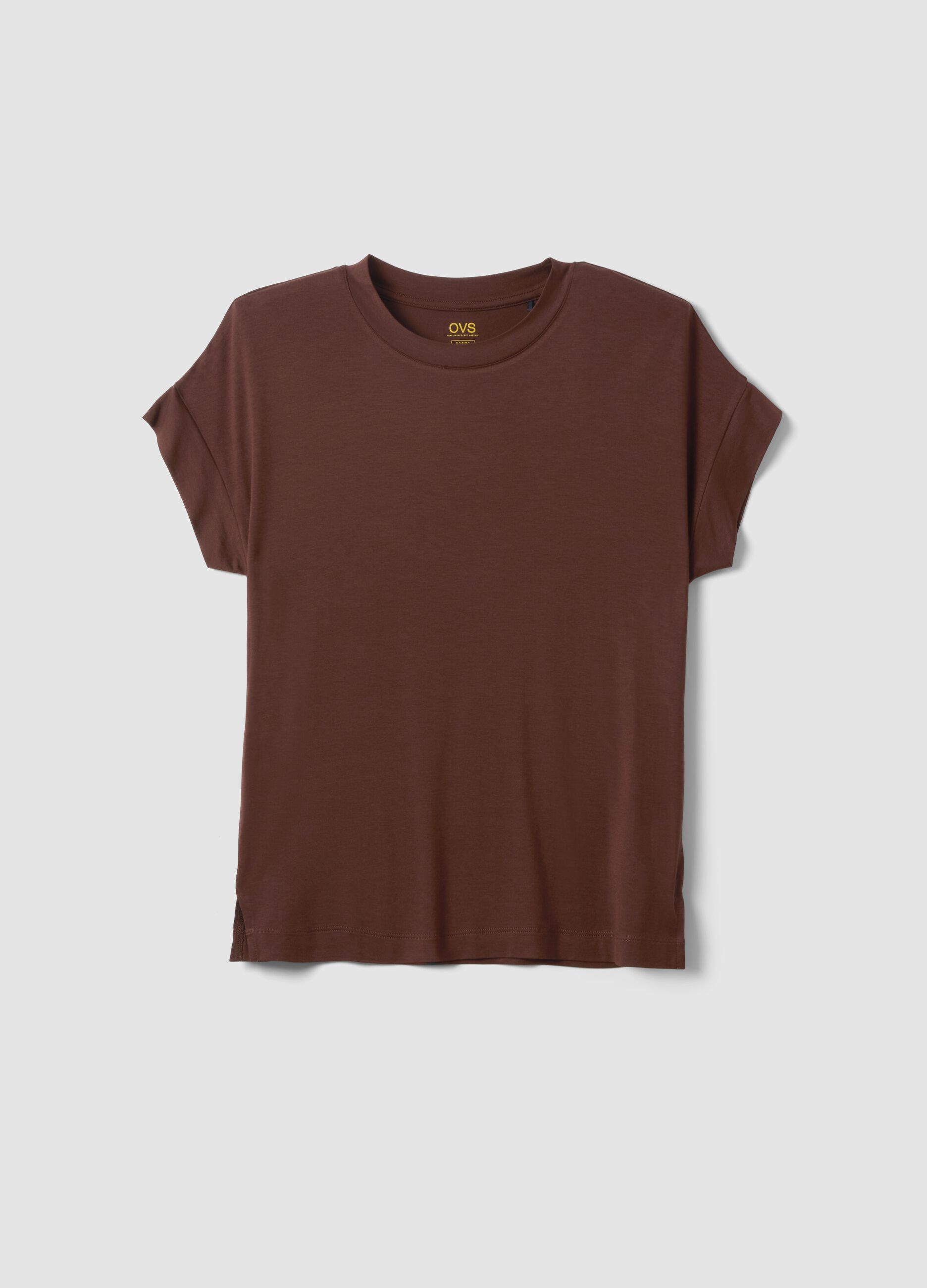 T-shirt marrone a maniche corte in viscosa elasticizzato