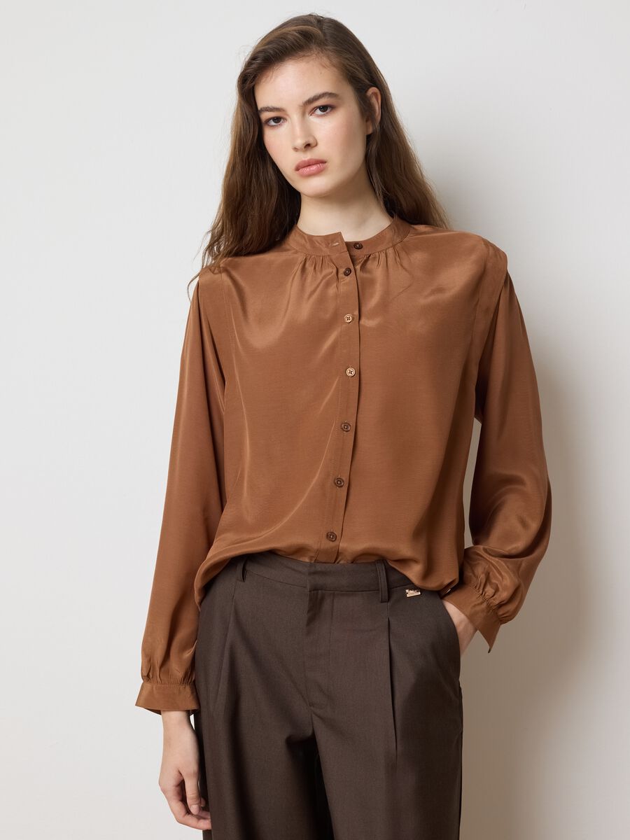 Brown long sleeve regular fit shirt with mandarin collar_0