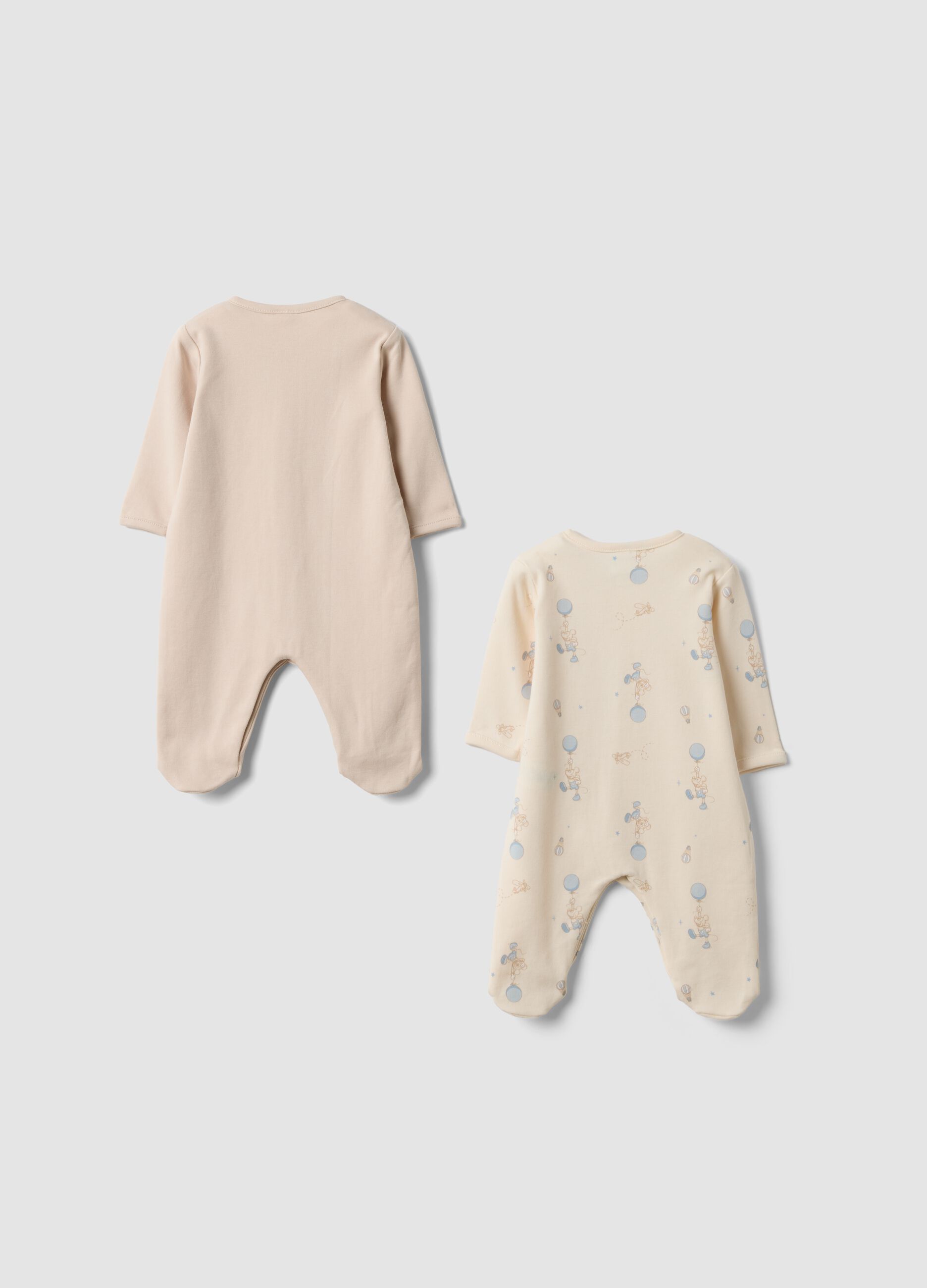 2-pack beige organic cotton sleepsuits with Mickey & Friends prints
