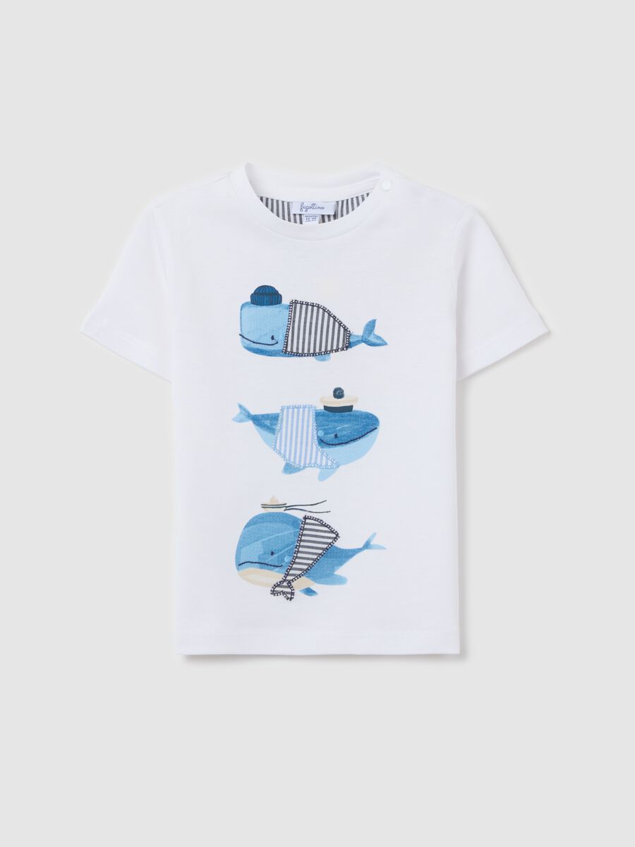 White cotton T-shirt with whales print_0
