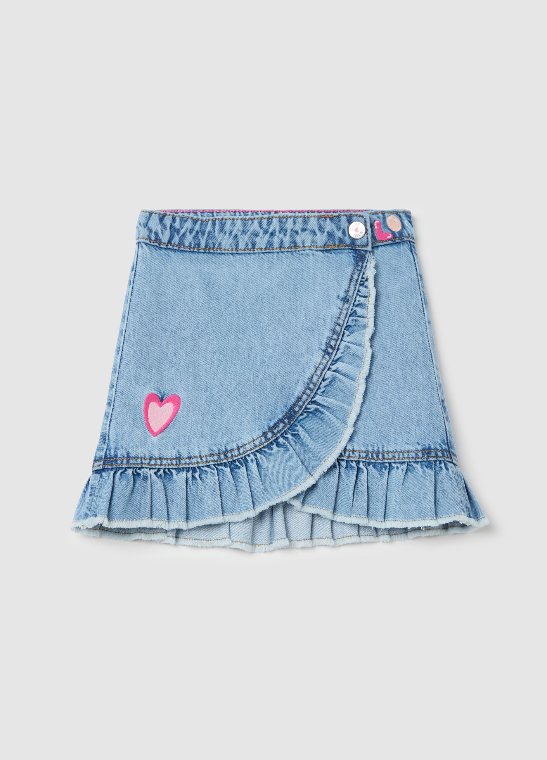 Denim skirt with frills and heart embroidery