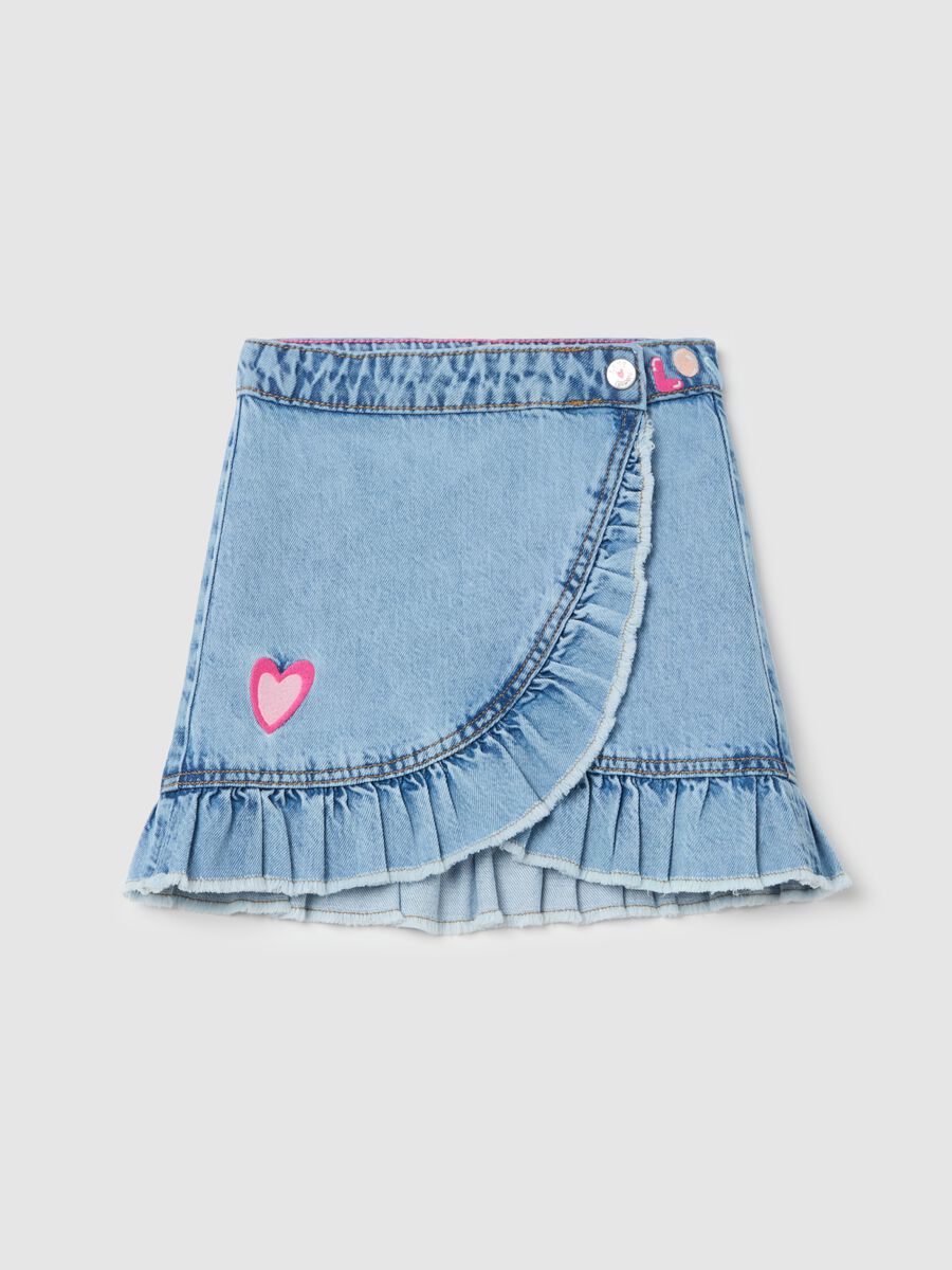 Denim skirt with frills and heart embroidery_0
