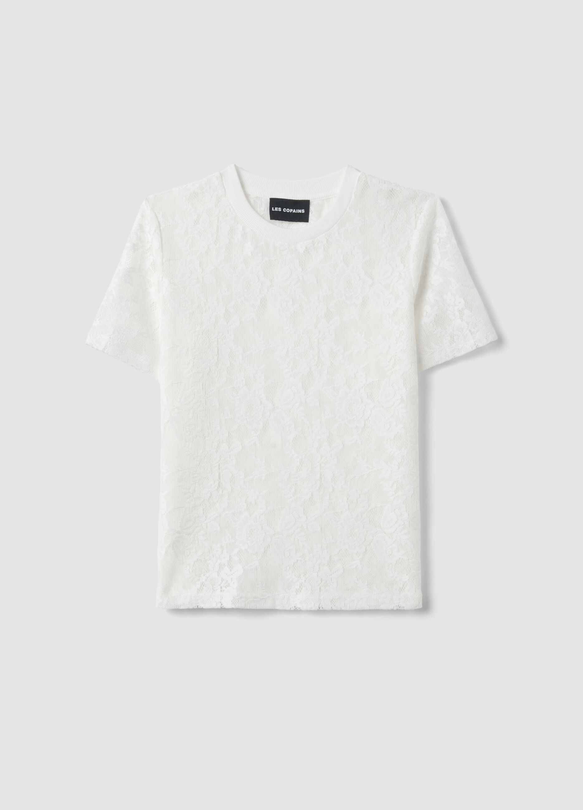 White regular fit t-shirt with floral net pattern