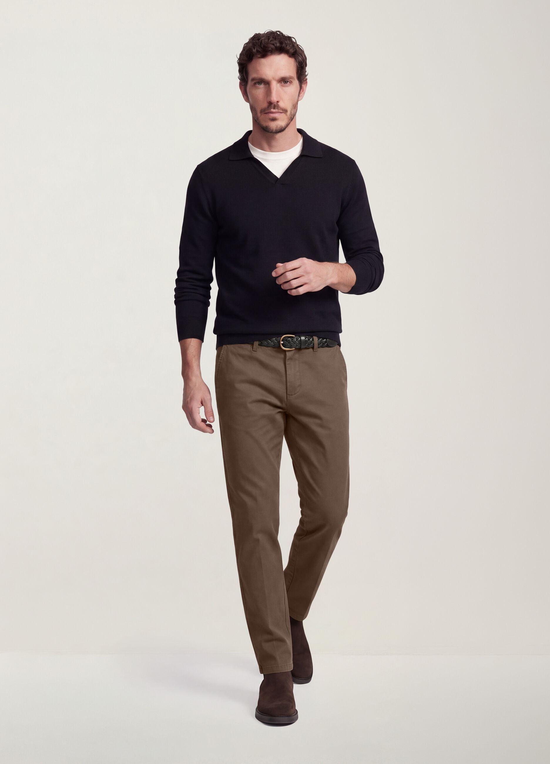 Black viscose-blend polo shirt with V-neck and regular fit collar