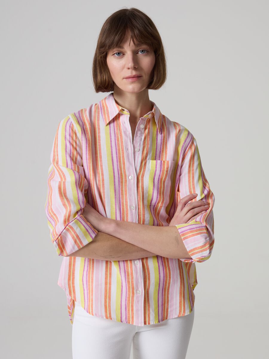 Linen and viscose shirt with multicoloured stripes_0