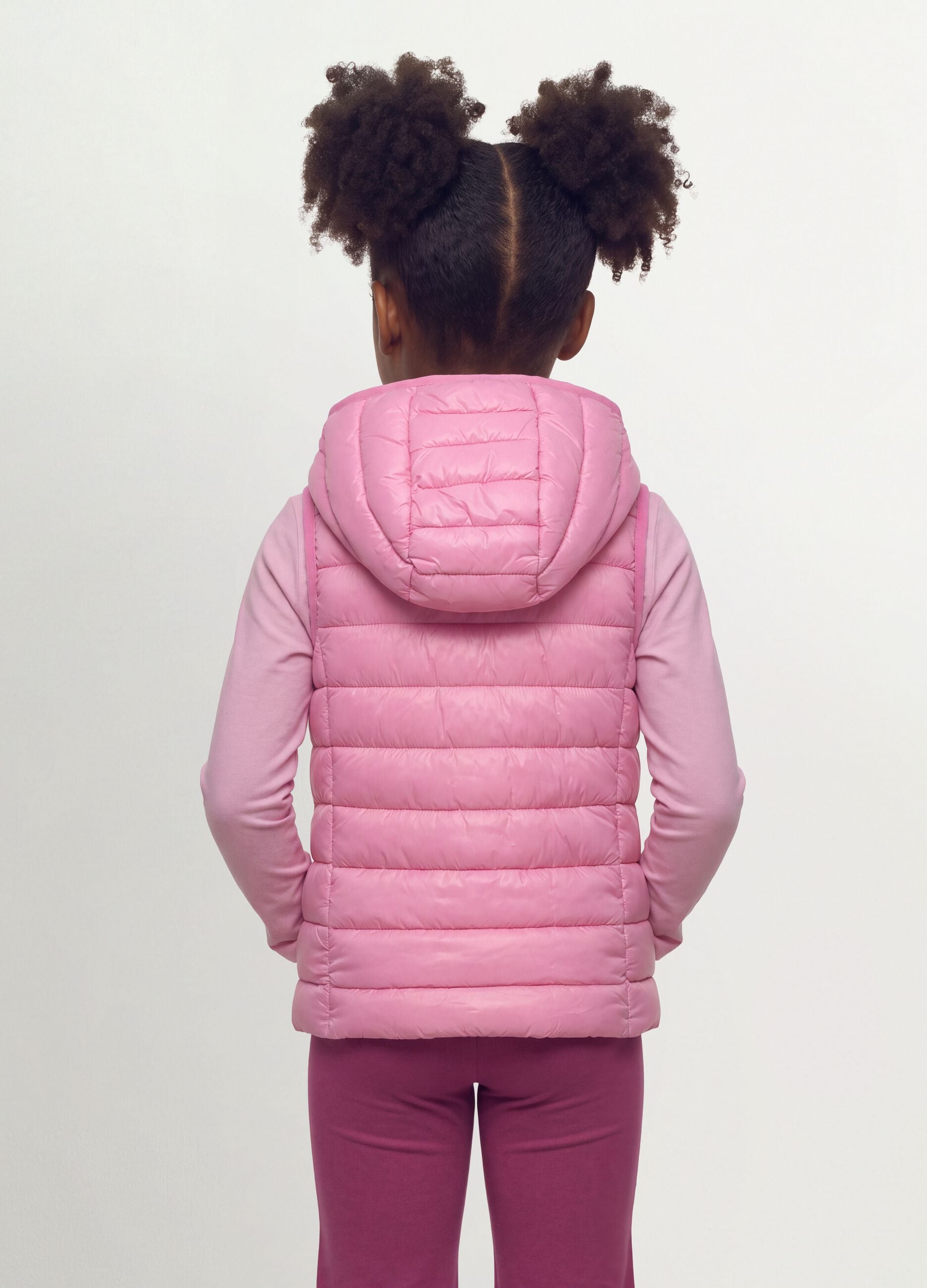 Pink padded ultralight gilet with hood and zip for girls