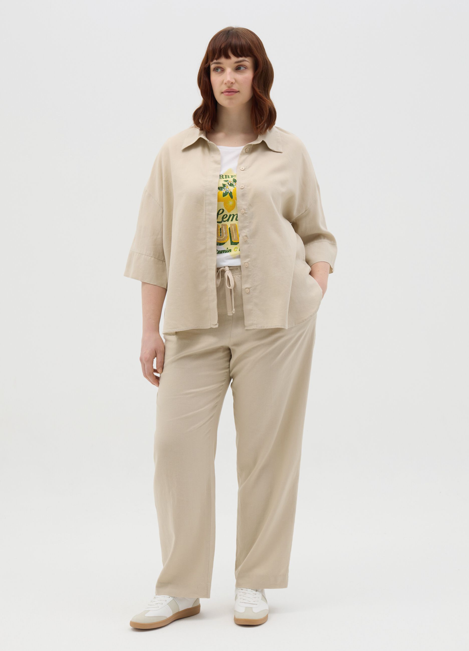 Pantalone a gamba larga in lino e viscosa Curvy