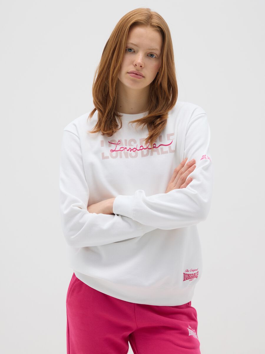 Felpa in cotone bianca con logo rosa_0