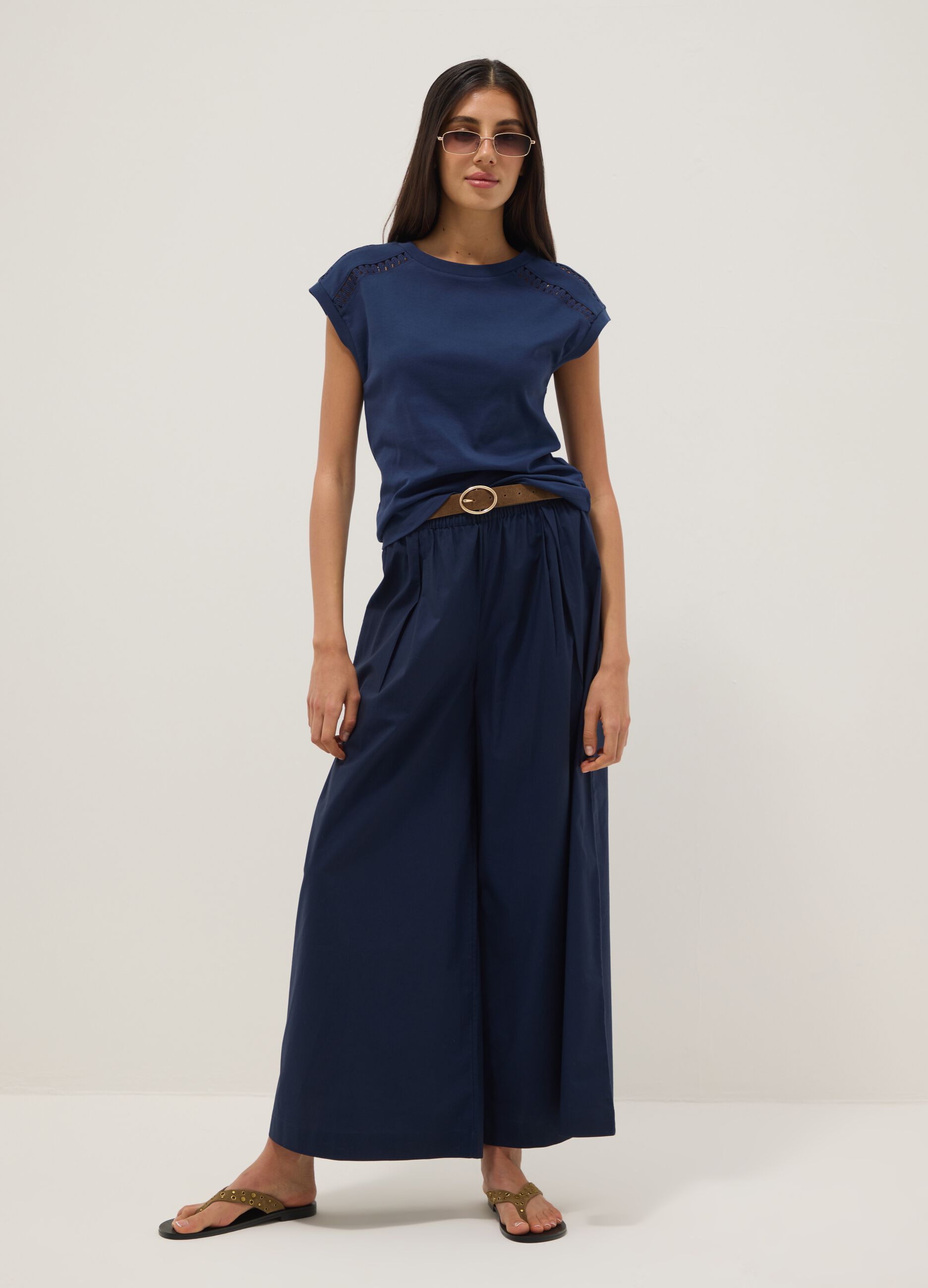 Blue pure cotton T-shirt with perforated inserts