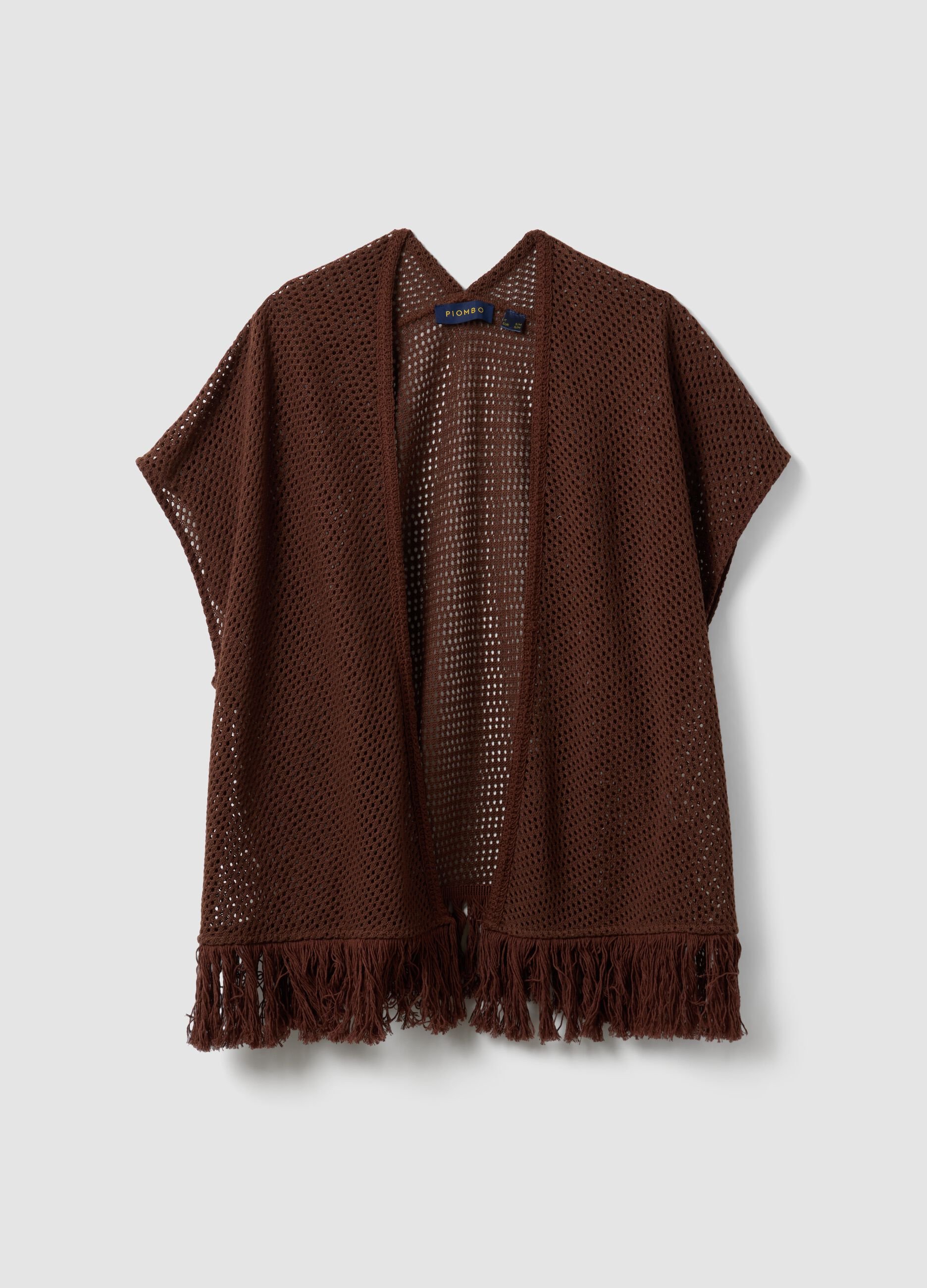 Cardigan marrone in misto viscosa a rete con frange