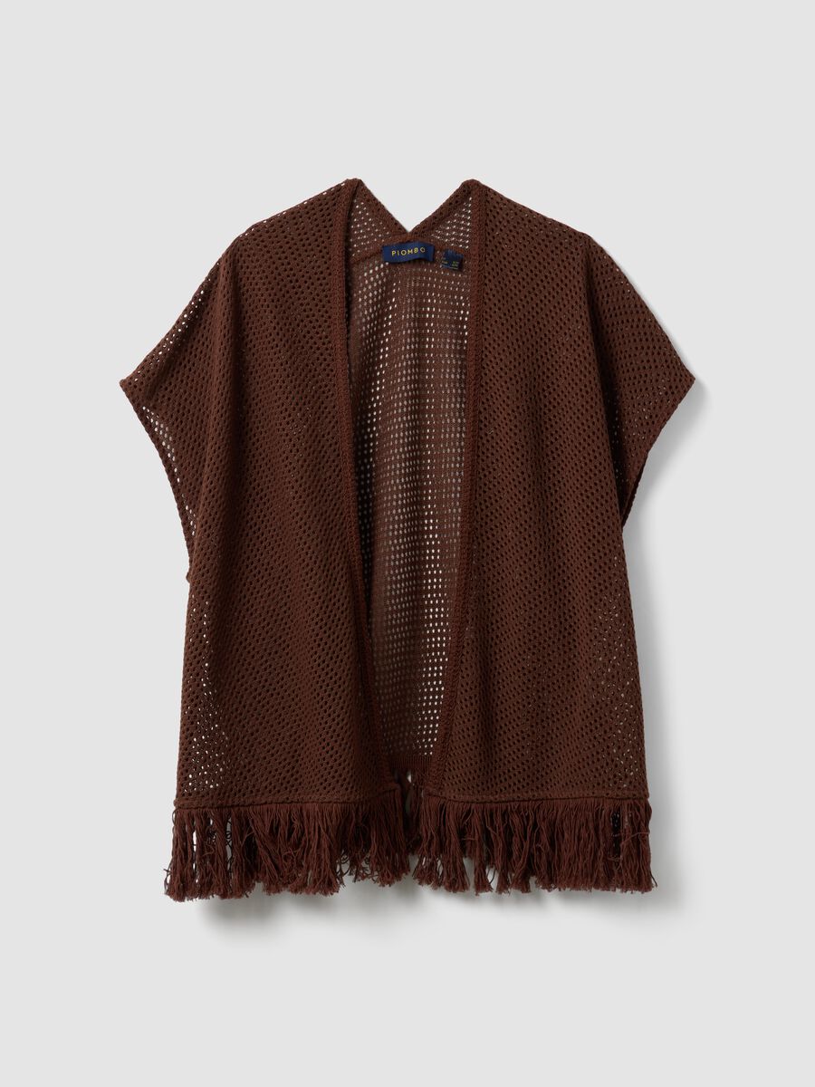 Cardigan marrone in misto viscosa a rete con frange_4