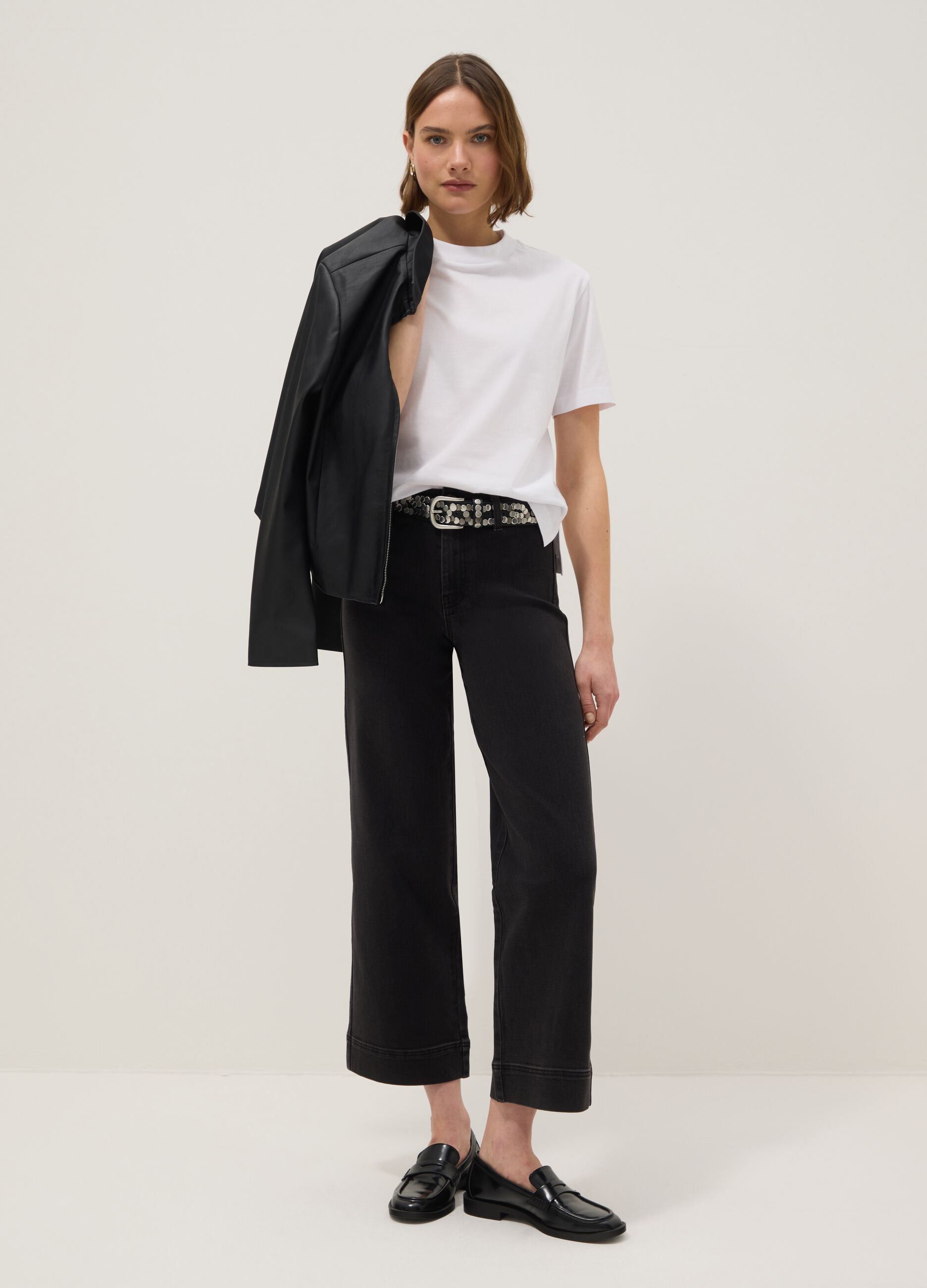 Black Stretch Cotton Wide Leg Jeans