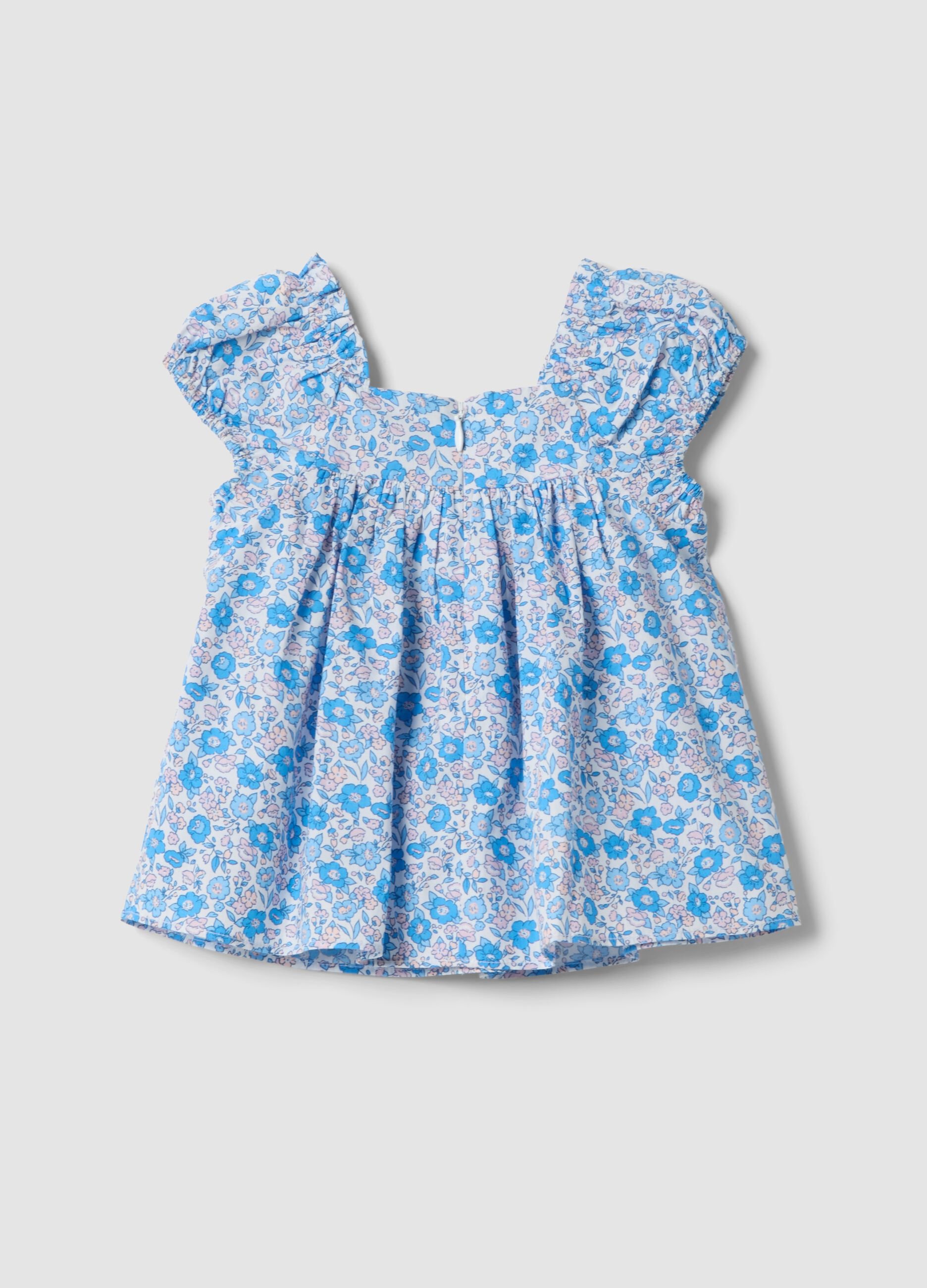 Blue pure cotton floral blouse with frills