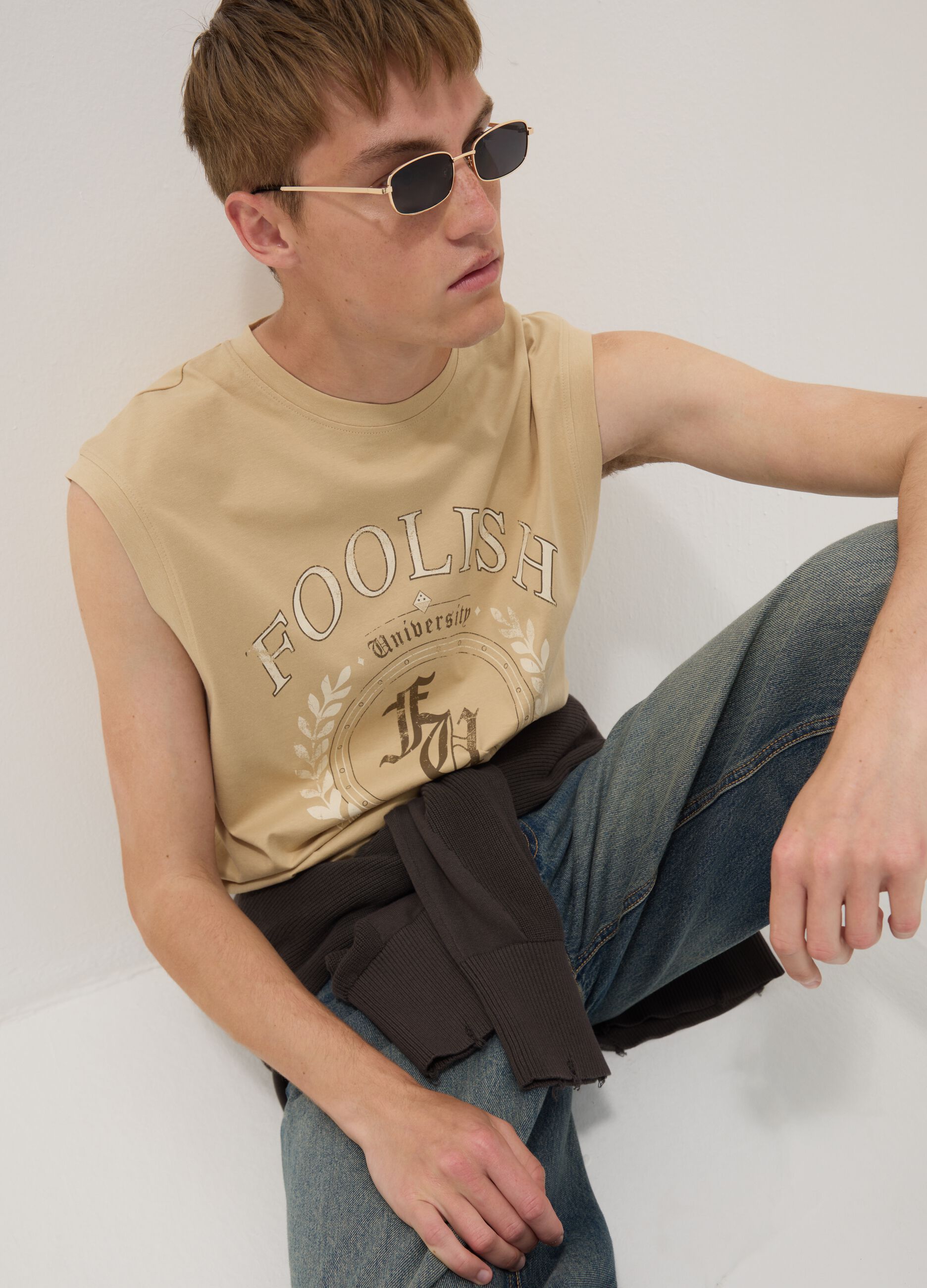 Tank top beige in puro cotone con stampa frontale