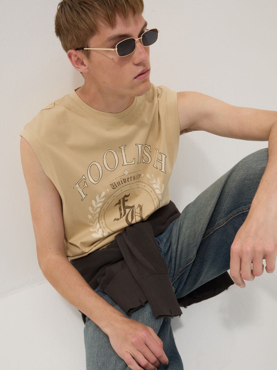 Beige pure cotton tank top with front print_0