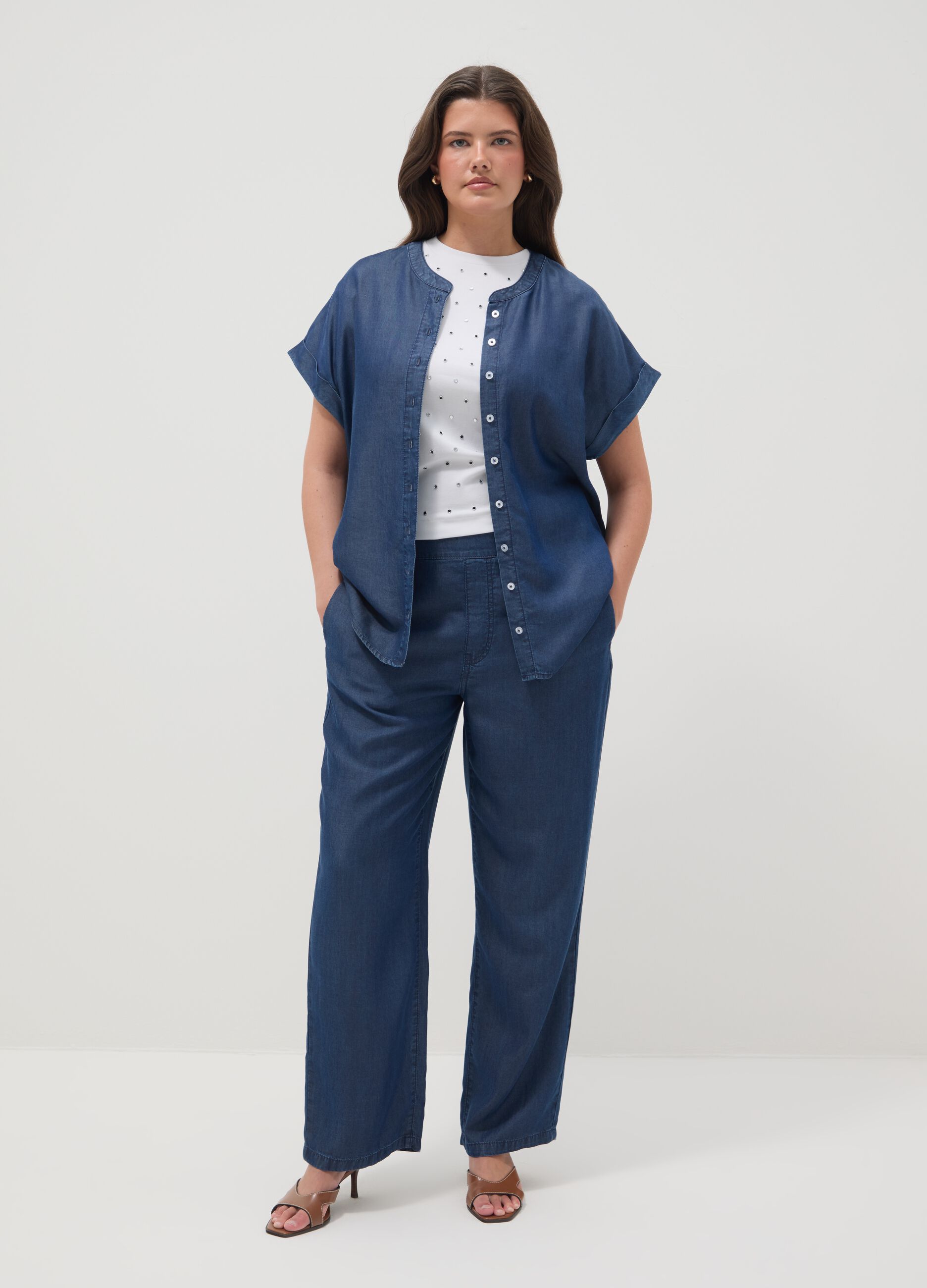 Blue pure lyocell regular fit shirt with mandarin collar