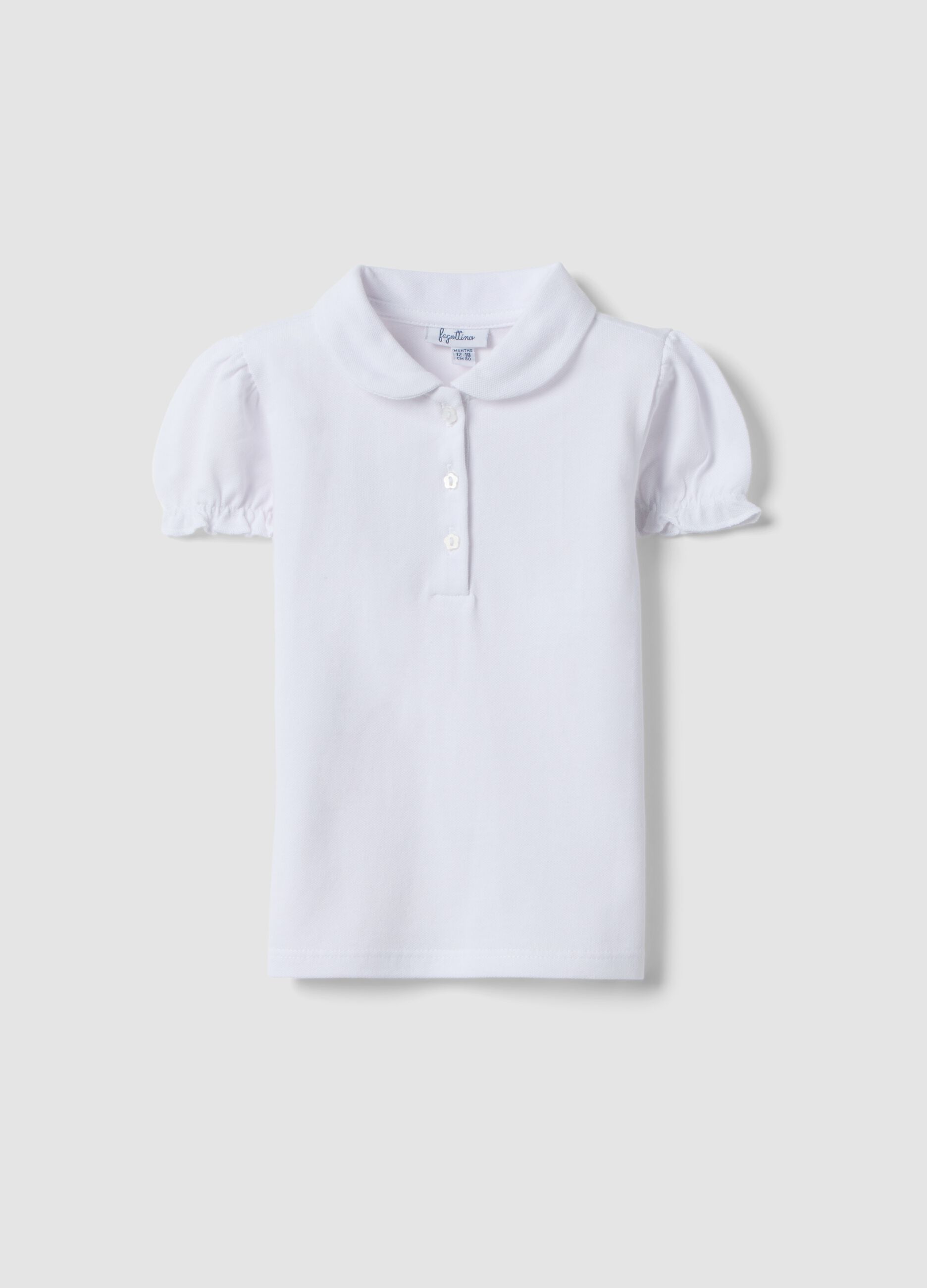 White pure cotton polo for girls, regular fit with ruched sleeves
