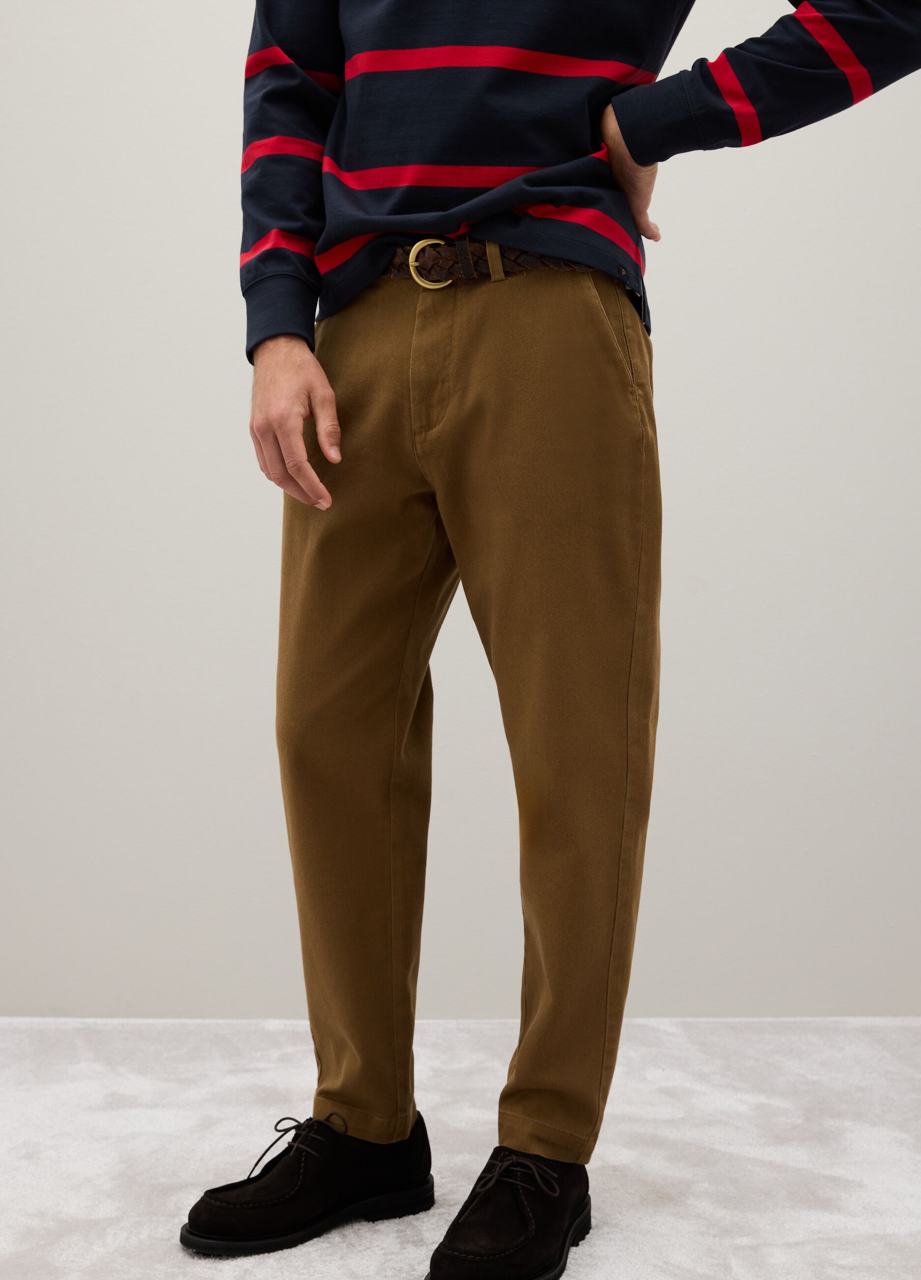 Brown stretch cotton carrot fit trousers