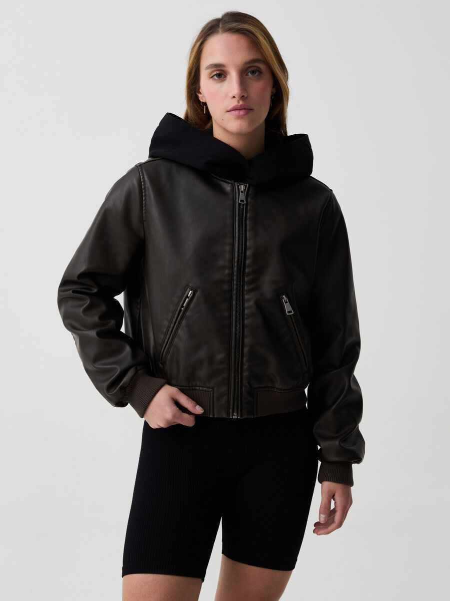 Full-zip glossy-effect bomber jacket_1