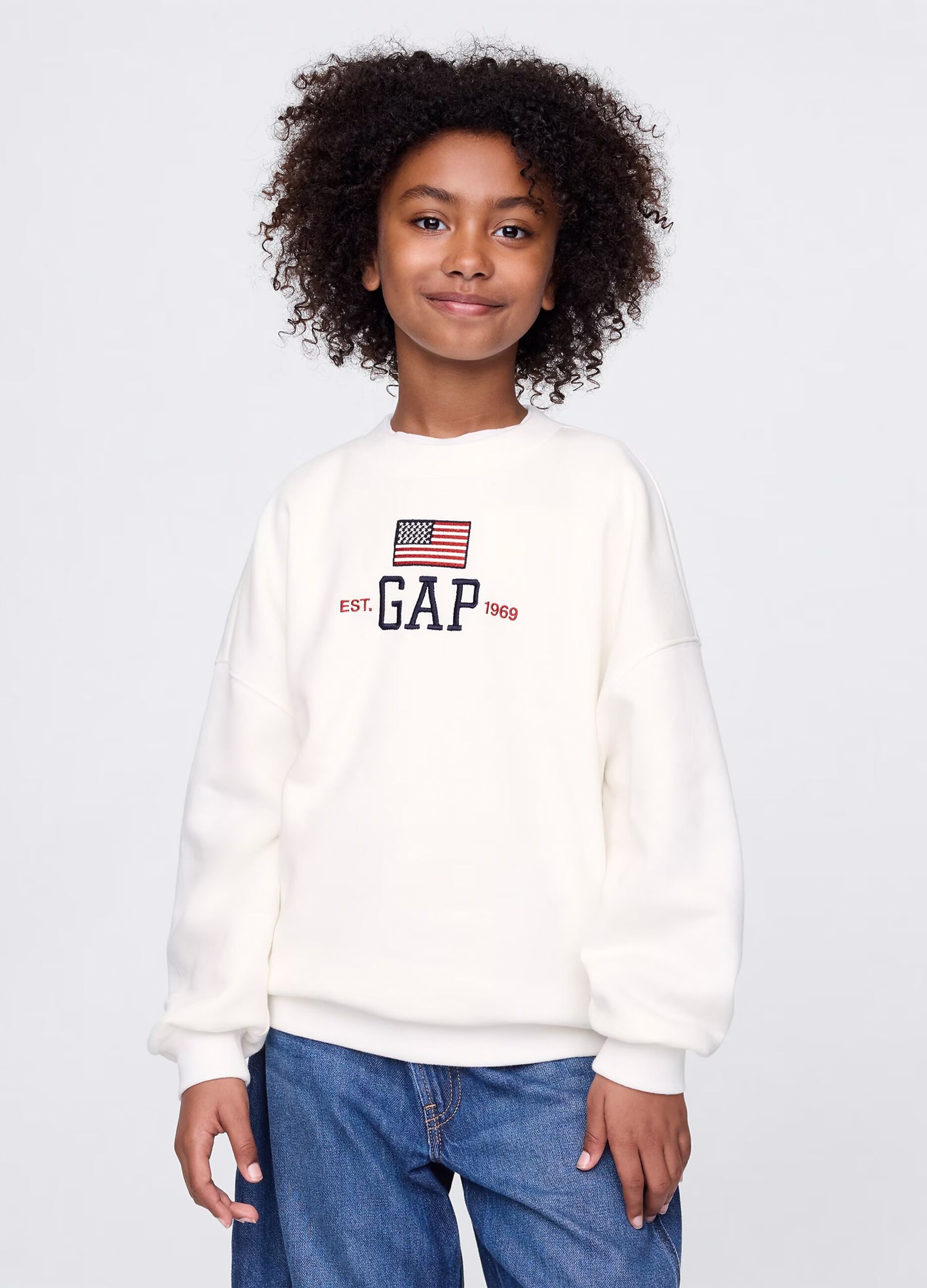 White sweatshirt with logo and flag print