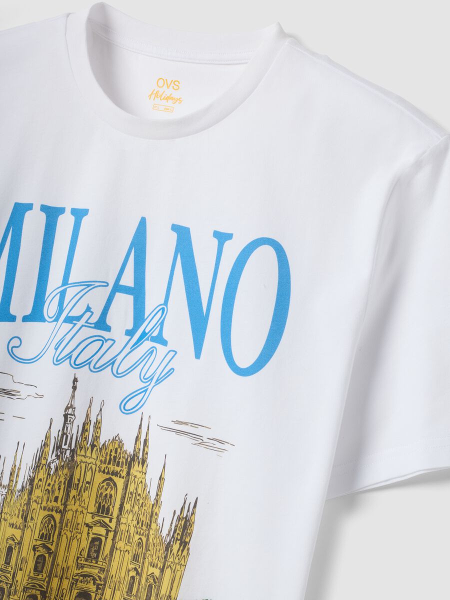 White pure cotton T-shirt with front print, regular fit_5