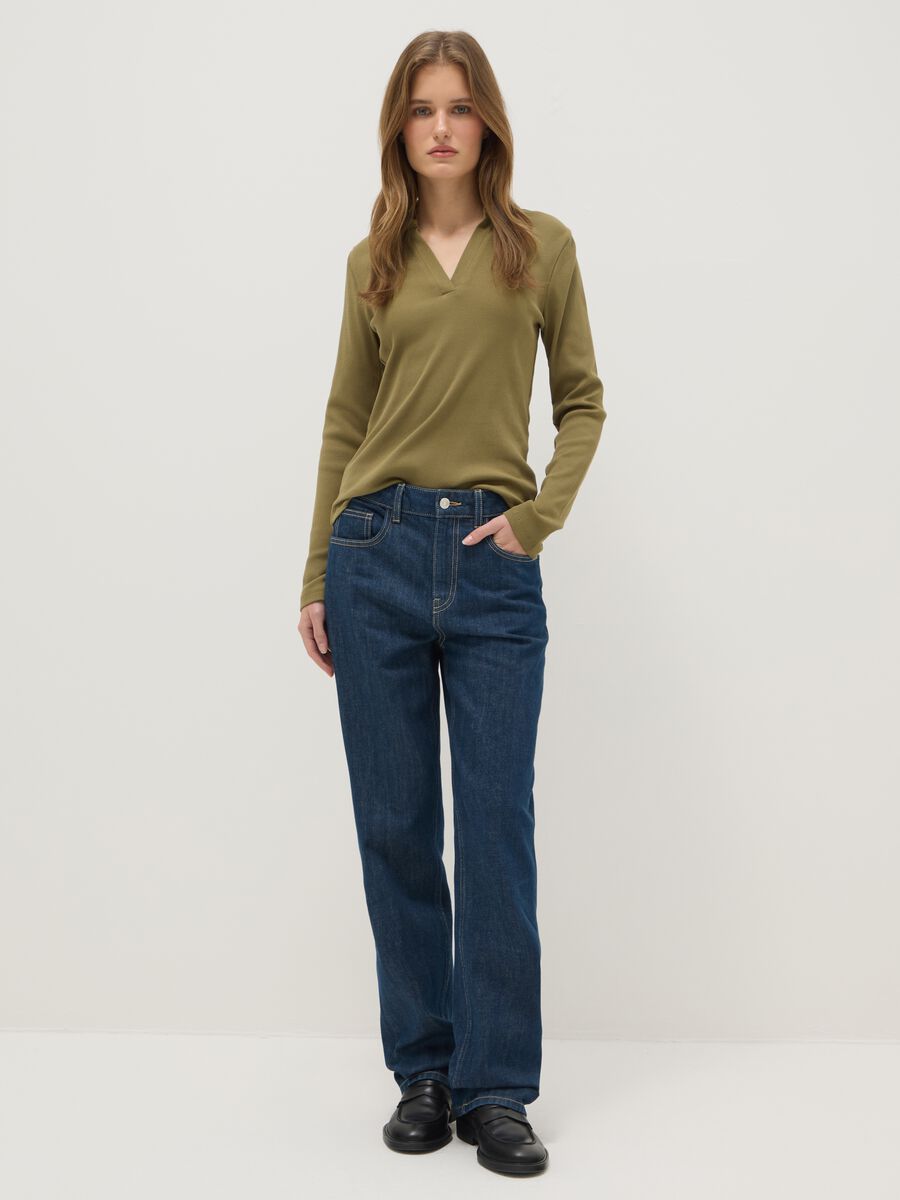 Green long-sleeve polo with V-neck in pure cotton regular fit_1