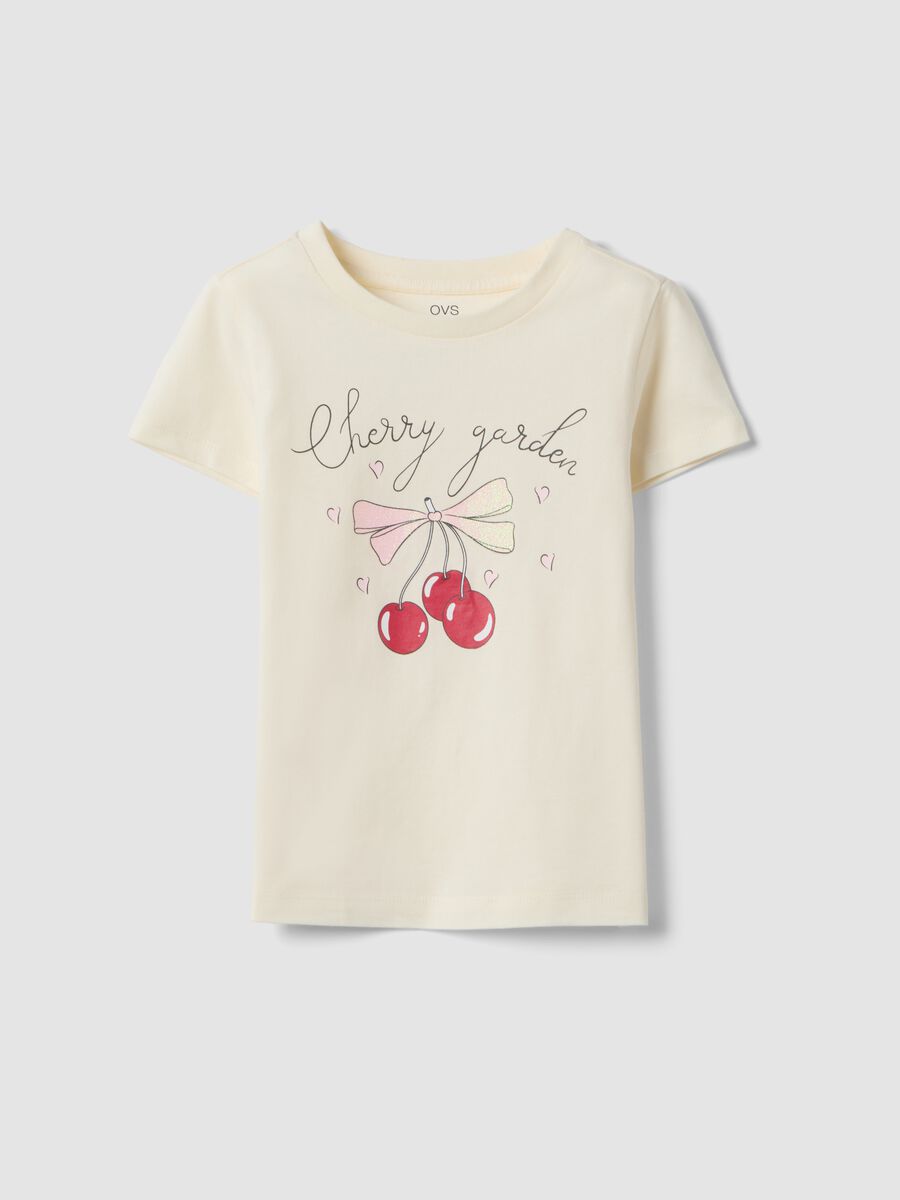 Beige pure cotton regular fit t-shirt with print for girls_0