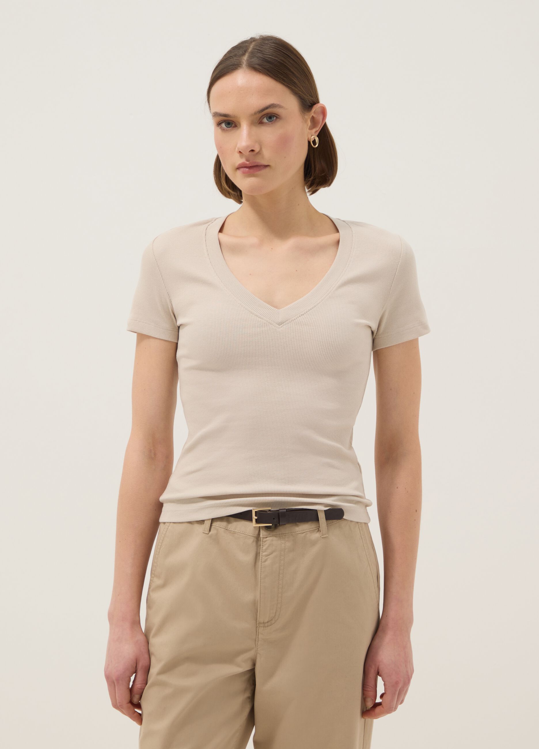 Beige Stretch Cotton Regular Fit T-shirt Deep V