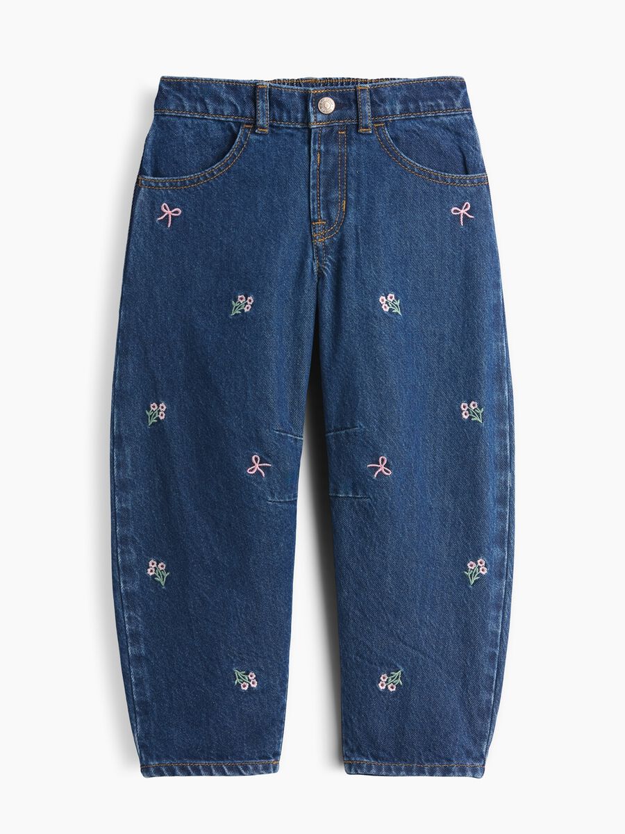 Jeans denim in puro cotone con ricami floreali_1
