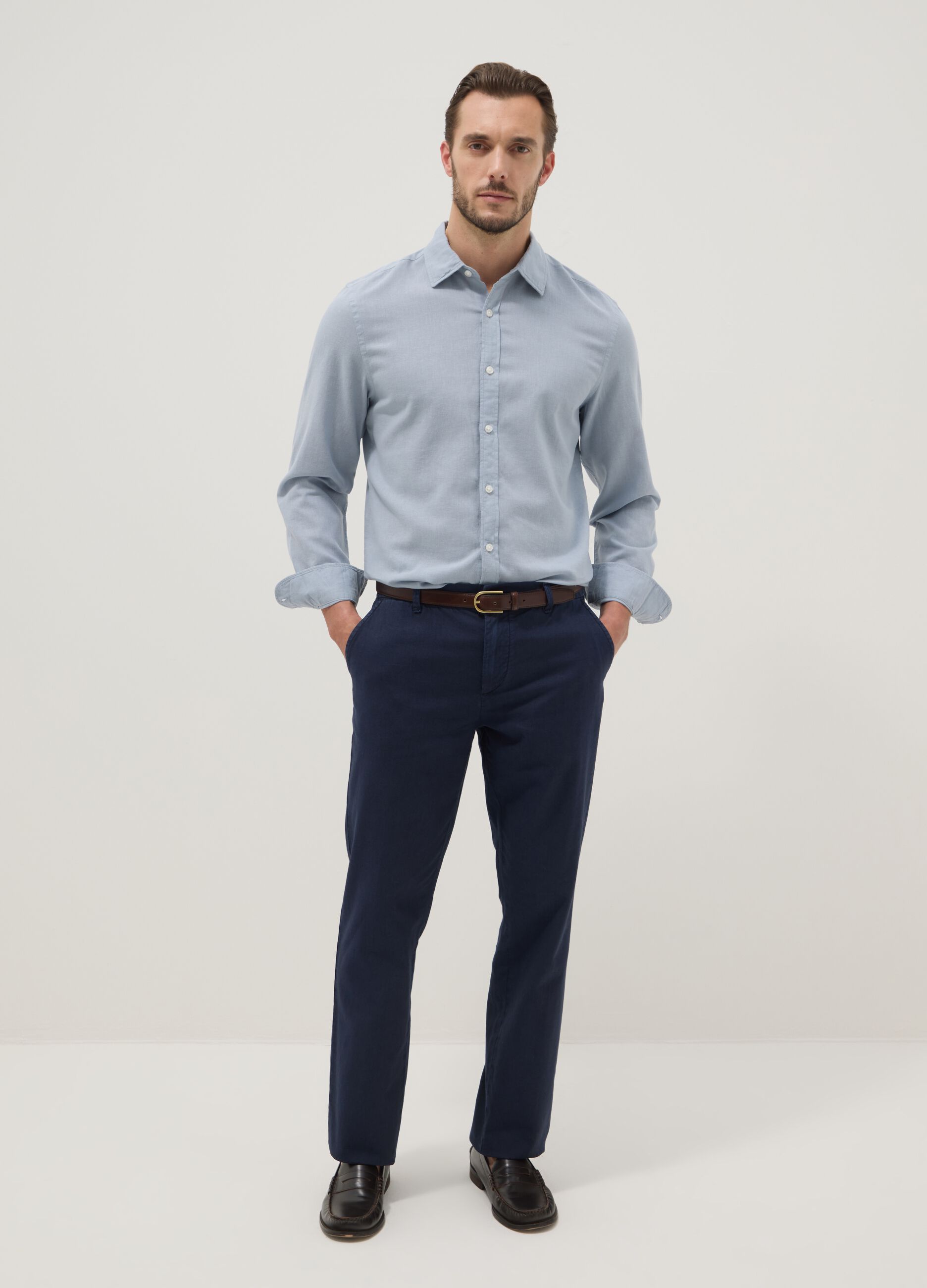 Blue linen and cotton blend chino trousers, regular fit
