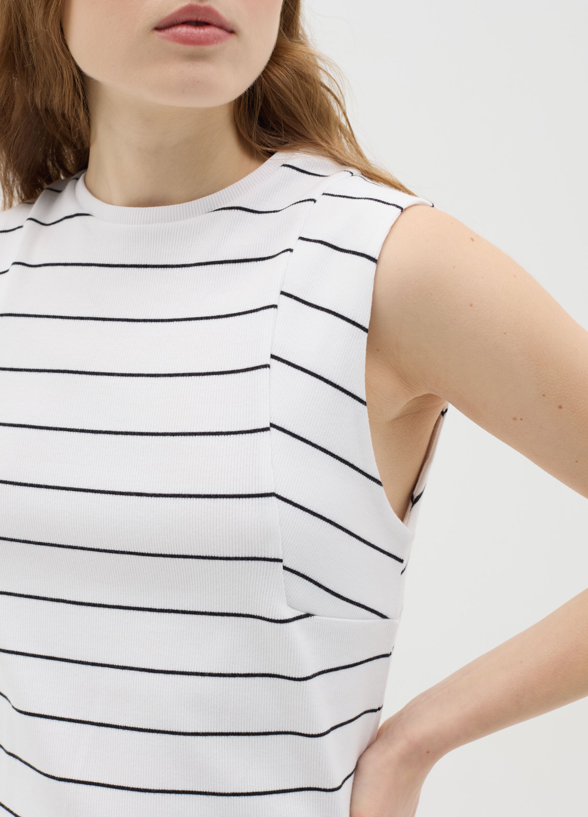 Sleeveless Stretch Cotton Dress with Black and White Stripes