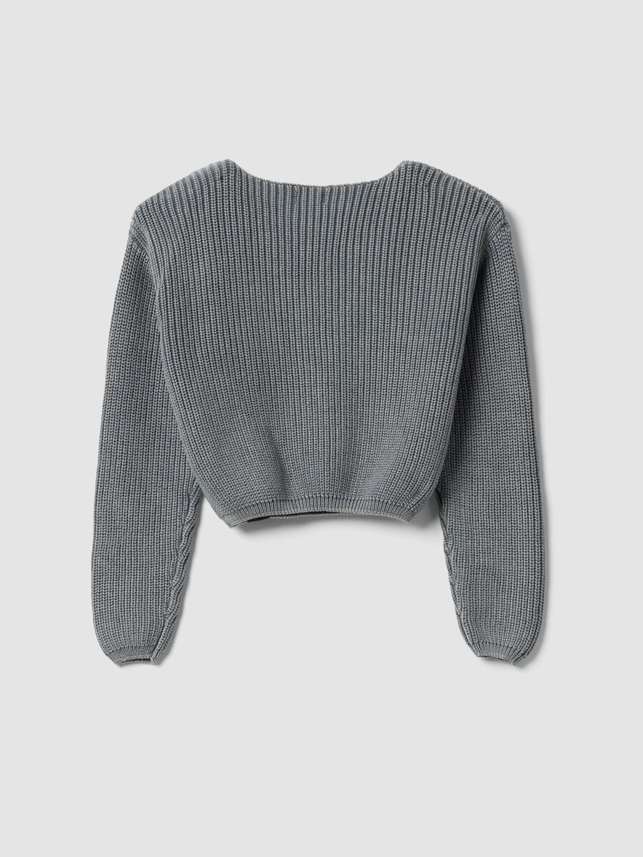 Grey ribbed pure cotton boat-neck top for girls_2