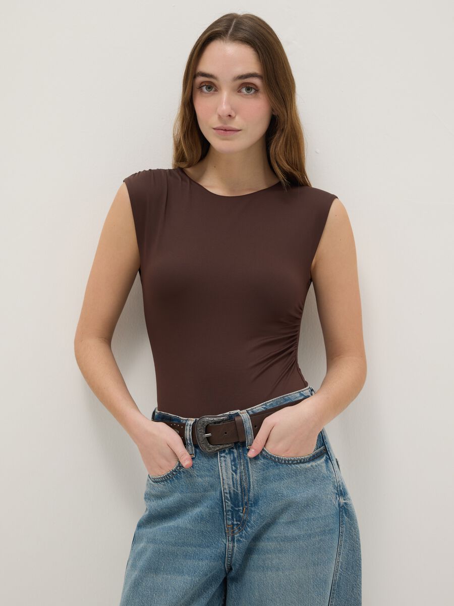 Brown stretch fabric bodysuit regular fit_1