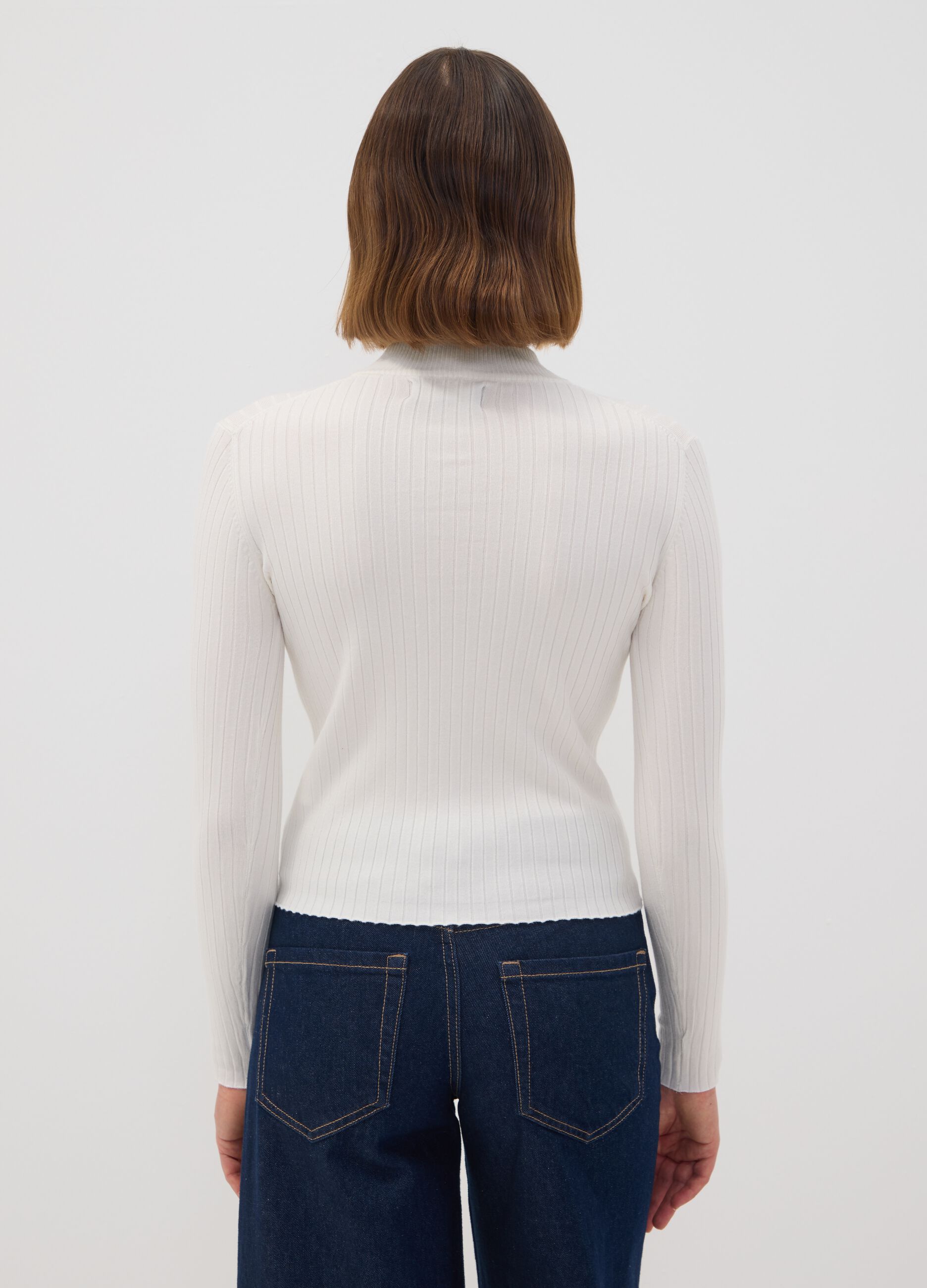 White fitted ribbed viscose-blend top with high neck