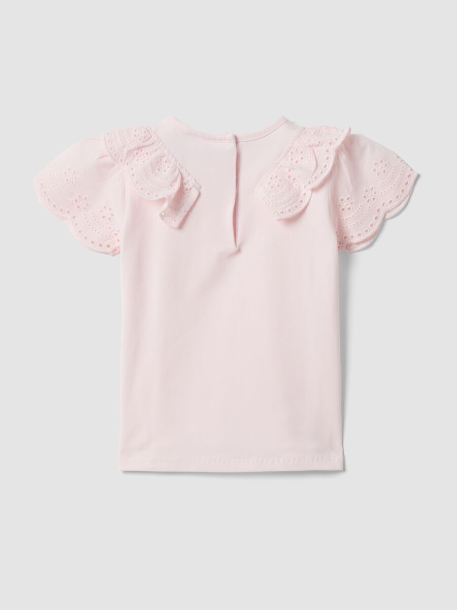 Pink short-sleeve stretch cotton T-shirt with broderie anglaise embroidery_1
