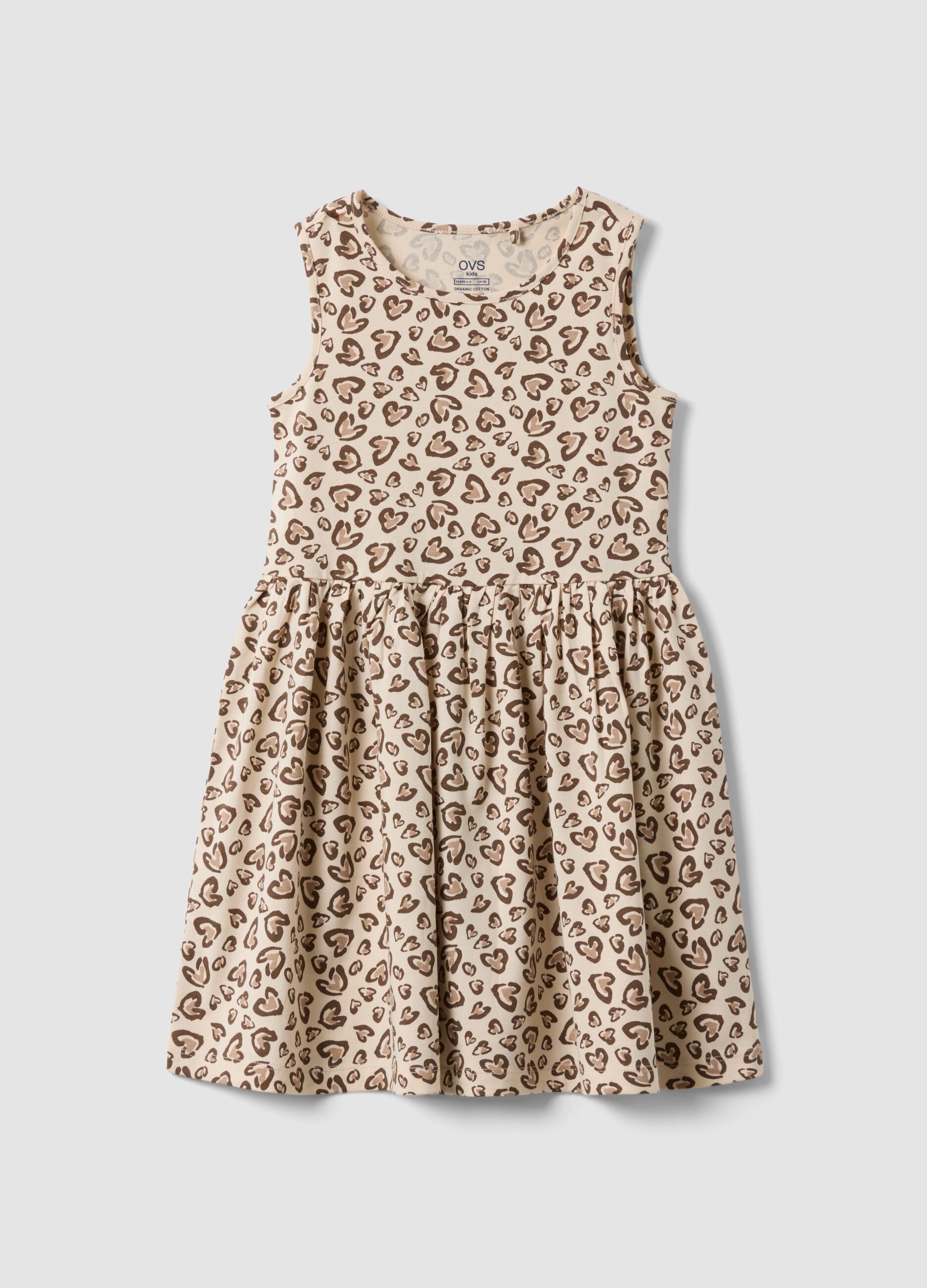 Beige pure cotton mini dress with heart print