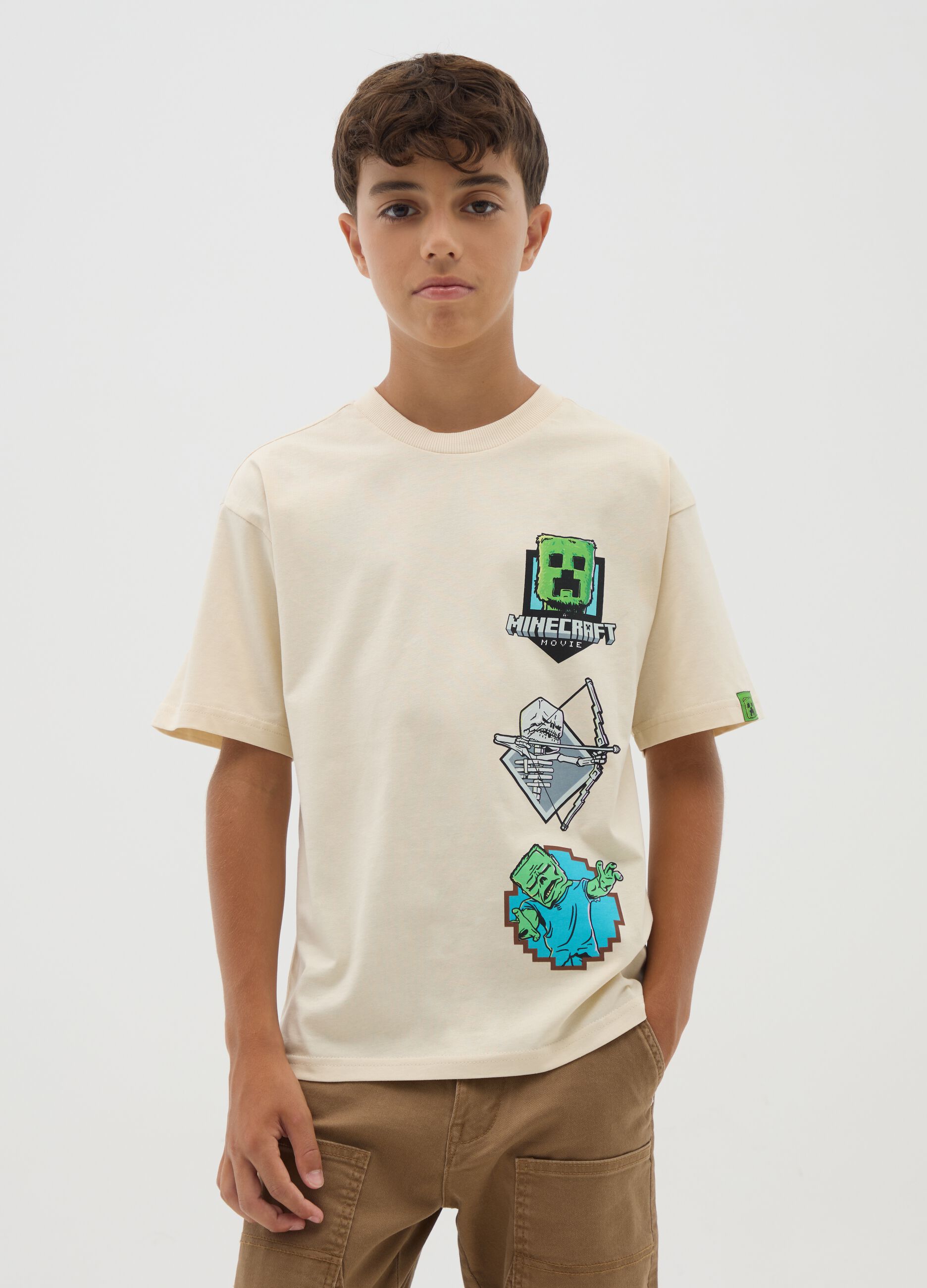 Oversized beige pure cotton boys' t-shirt