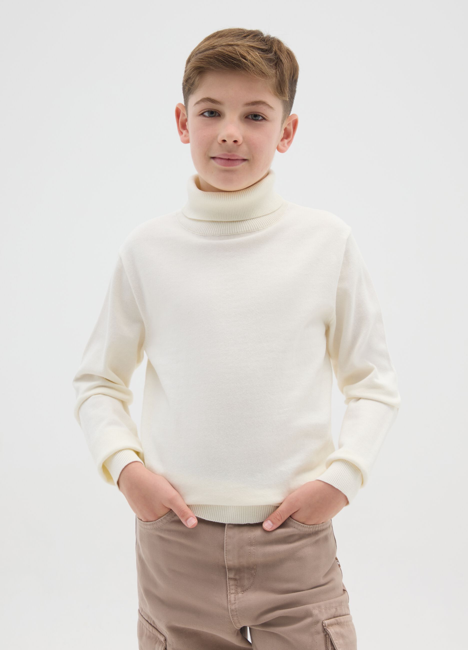 Boys' Regular Fit White Turtleneck Sweater in Pure Cotton