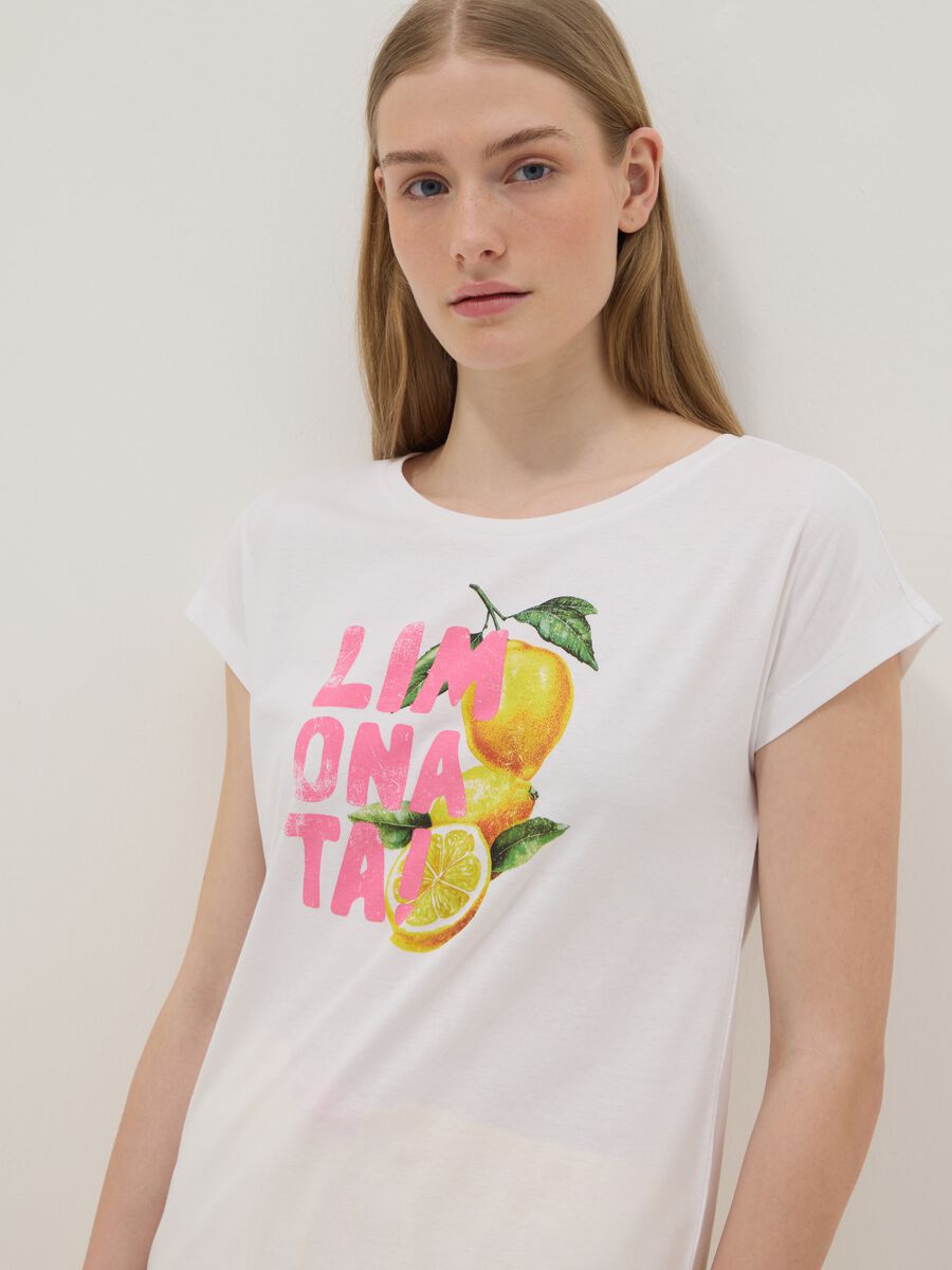 T-shirt pigiama bianco in puro cotone organico con stampa regular fit_0