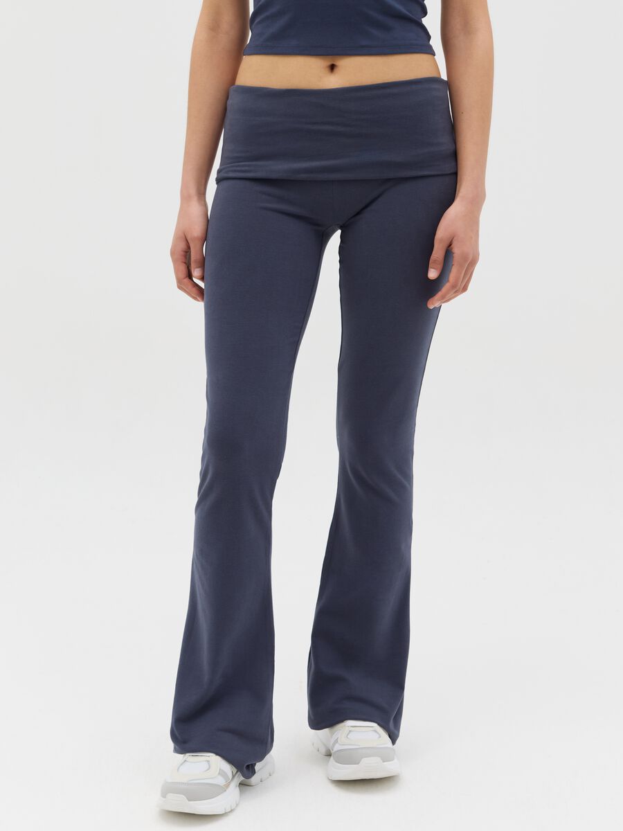 Blue flare-fit leggings with striped fold at the waist_1