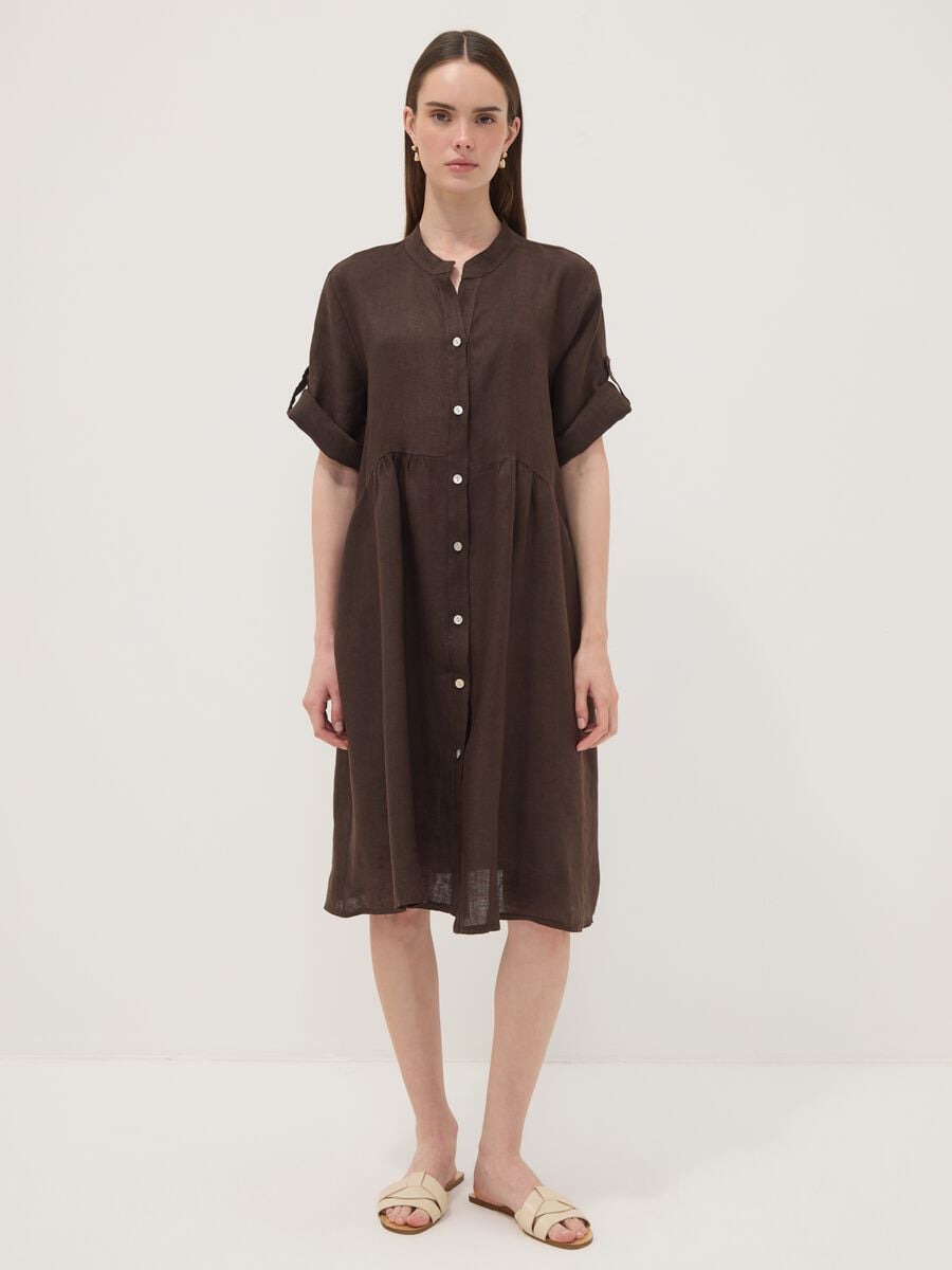 Brown pure linen dress with Mandarin collar, regular fit_0