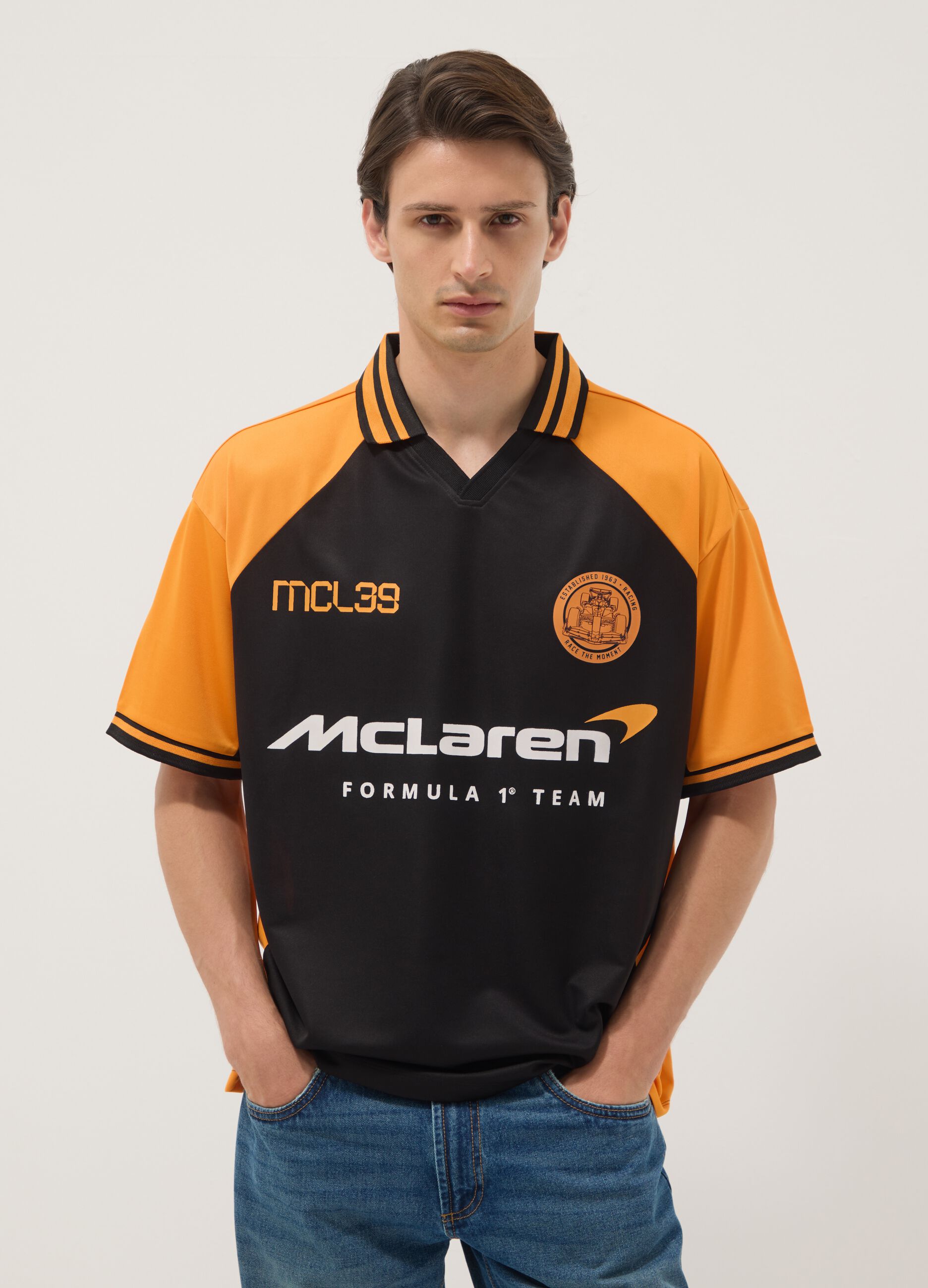 Black and orange oversized McLaren logo polo shirt