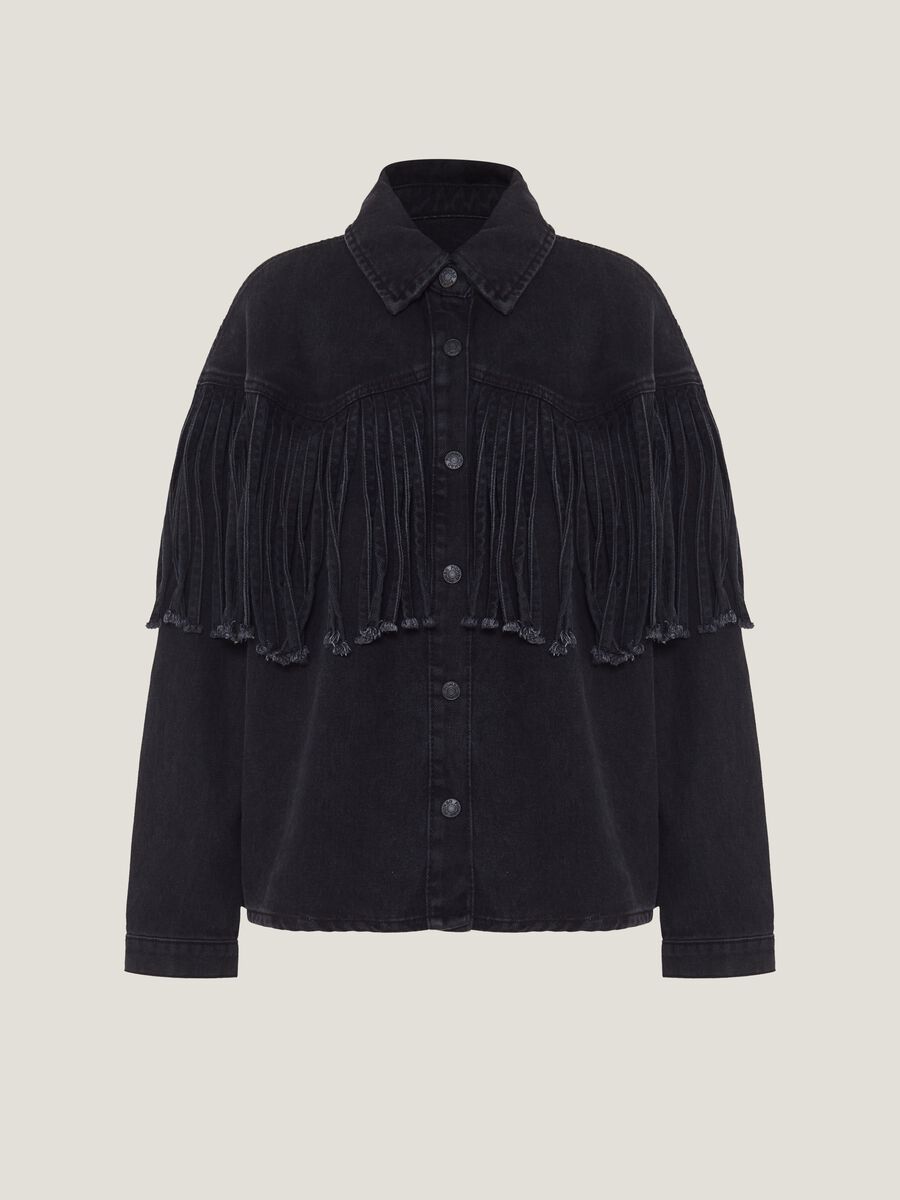 Giacca corta in denim con frange_5