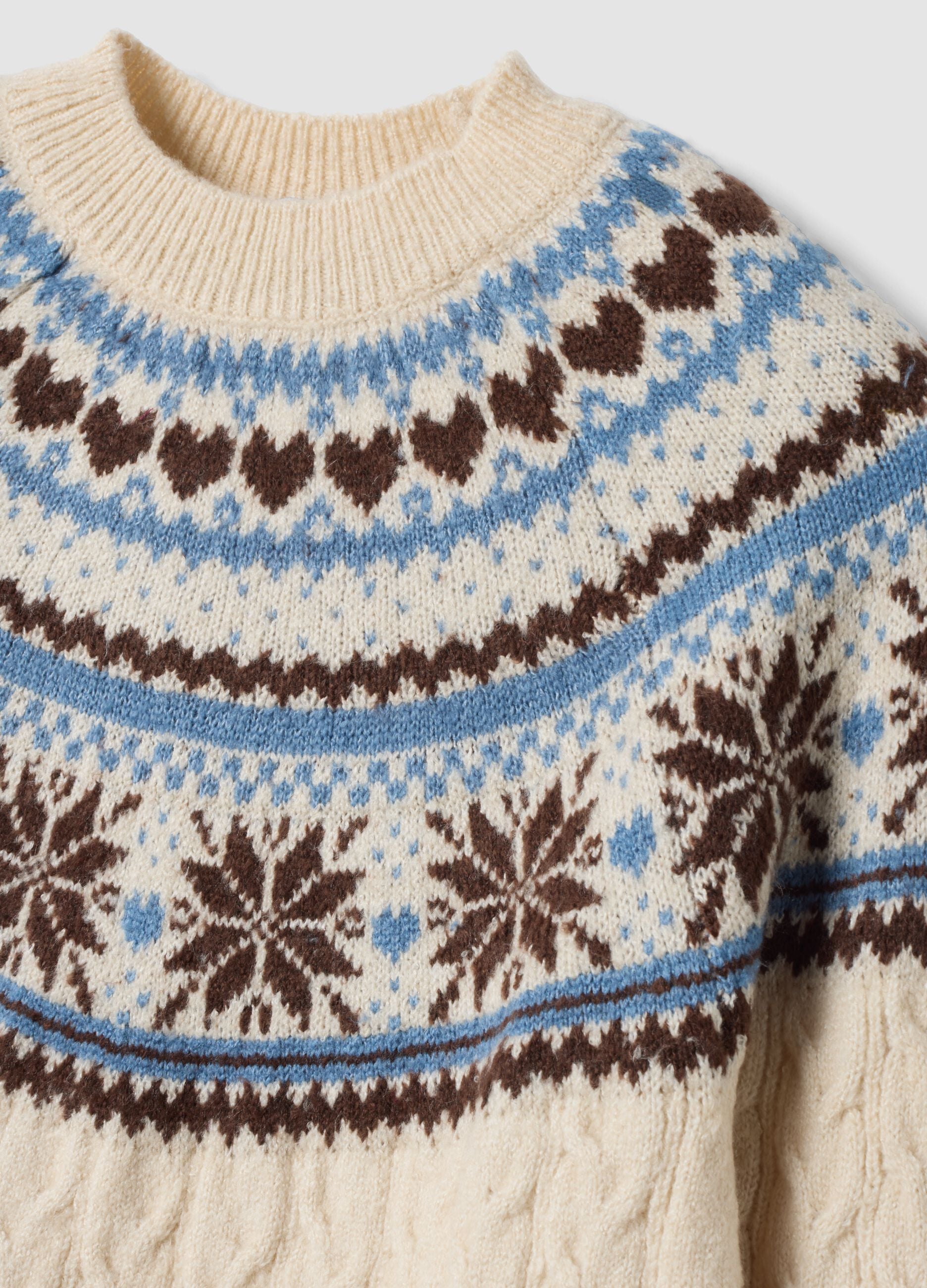 Beige jacquard crew-neck oversized jumper