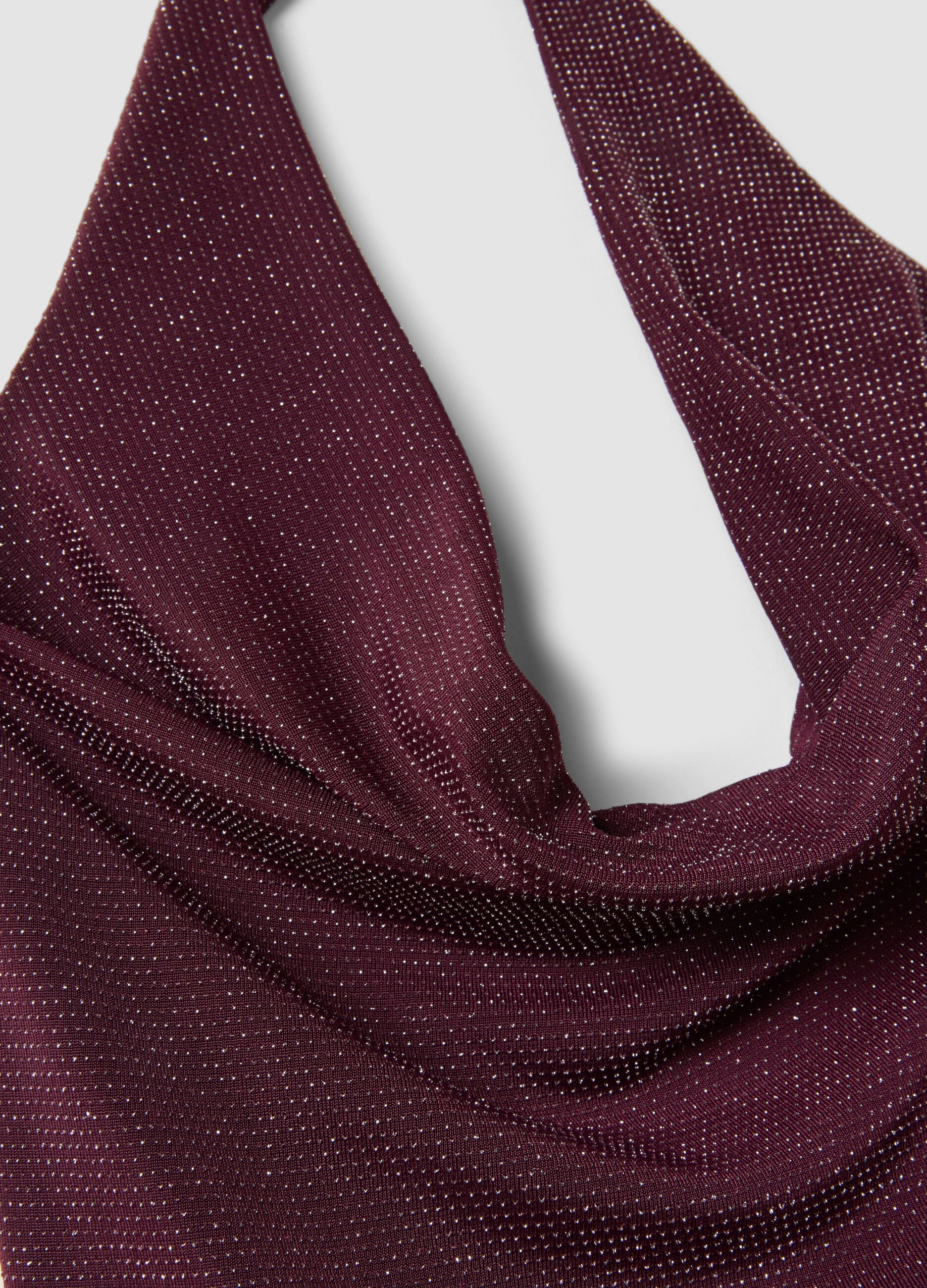 Purple stretch-fabric tank top with soft draped neckline