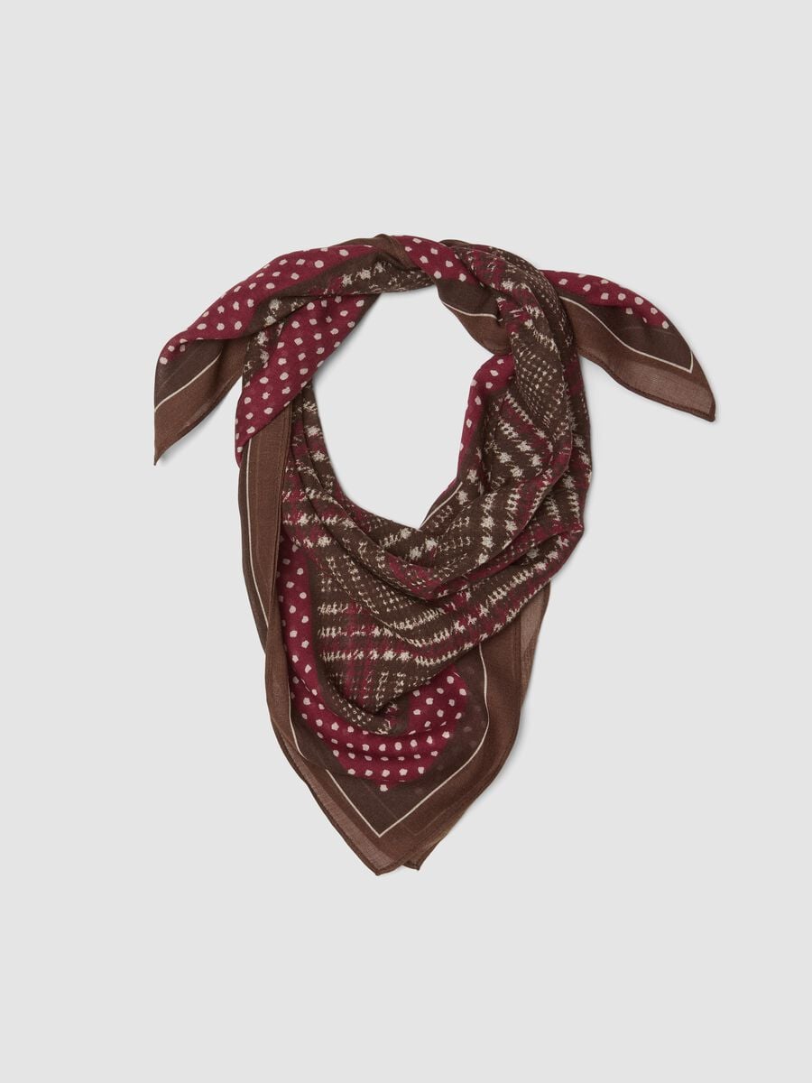 Foulard marrone in misto viscosa e lana a pois_0